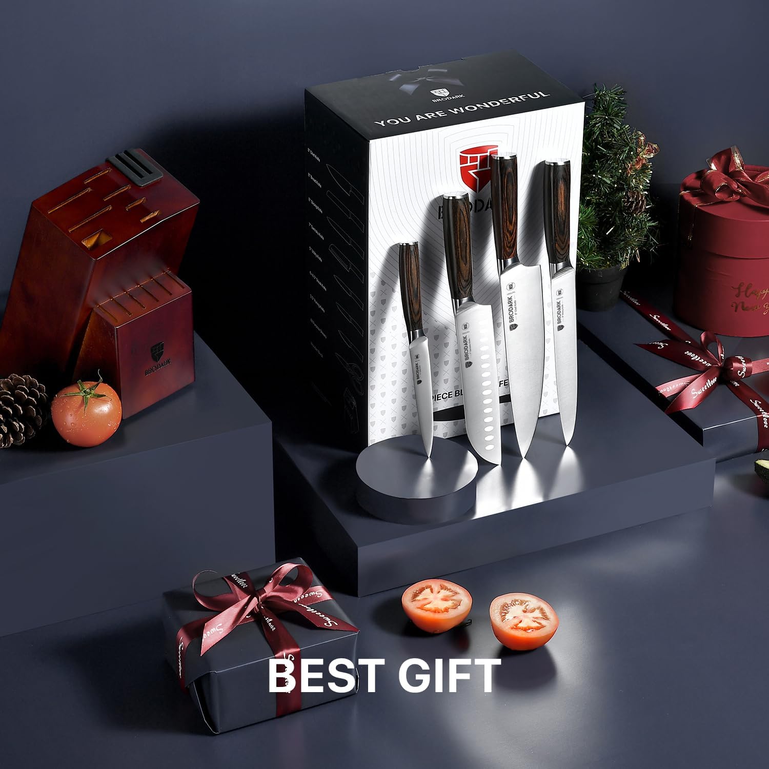 15-Piece Professional German Stainless Steel Knife Block Set - Ultra Sharp Kitchen Knives with Wooden Block & Sharpener - Ergonomic Full Tang Chef Knives for Slicing, Dicing, and Meal Prep - Perfect for Home Cooks & Professional Kitchens
