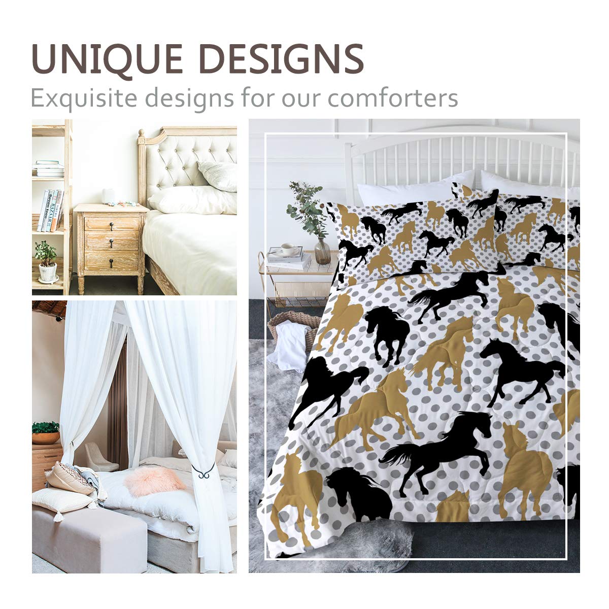 BlessLiving King Size Horses Comforter Set - Stylish Black & Gold Horse Silhouette on Grey Polka Dots, 3-Piece Bedding (1 Comforter + 2 Shams) for Western, Ranch or Equestrian Themed Bedrooms