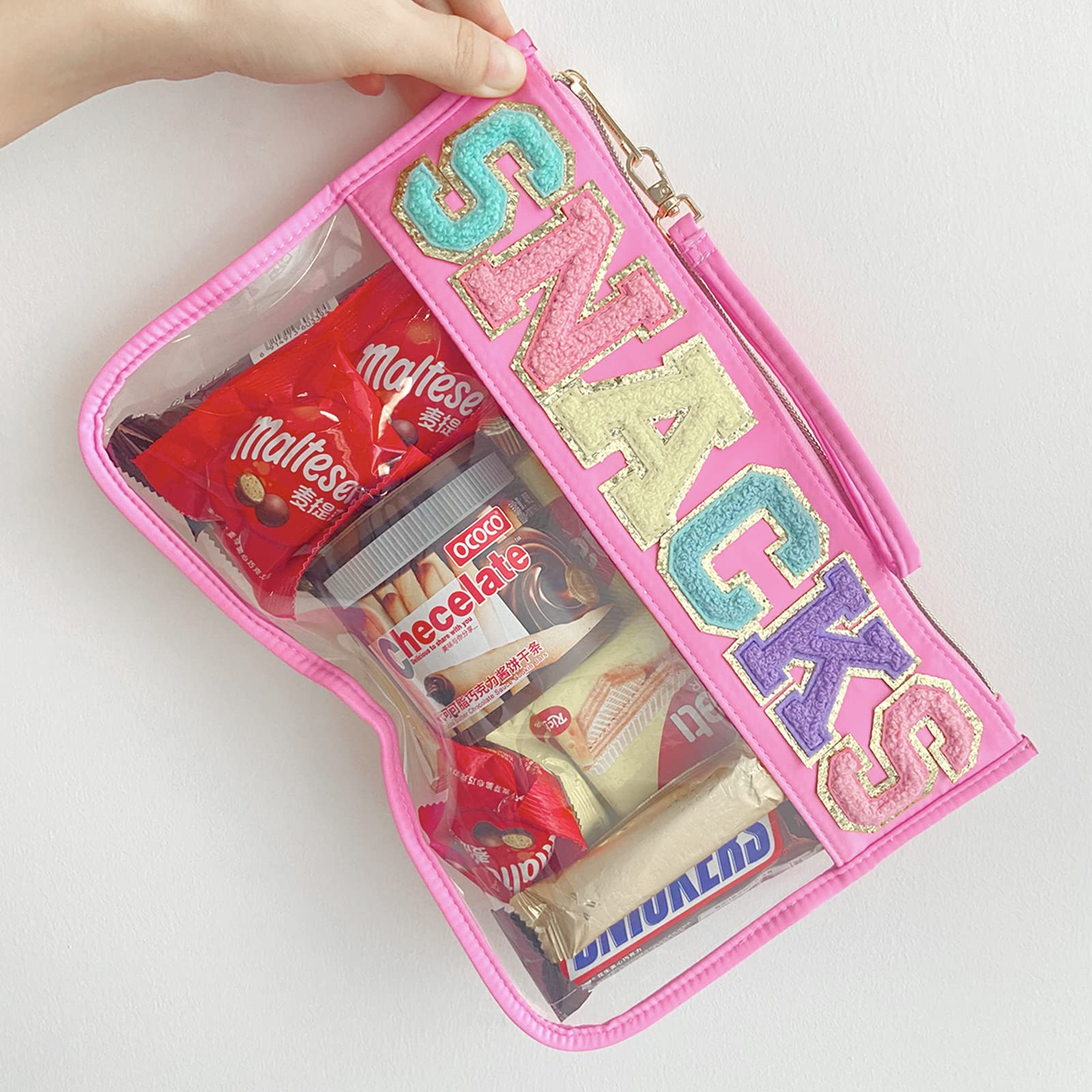 1PCS Chenille Patch Nylon Pouch - Clear Waterproof Snacks Bag with Preppy Letter Patches - Multi-purpose Travel Makeup Bag for Women & Girls - Perfect for School, Gym, Beach and Daily Essentials Storage