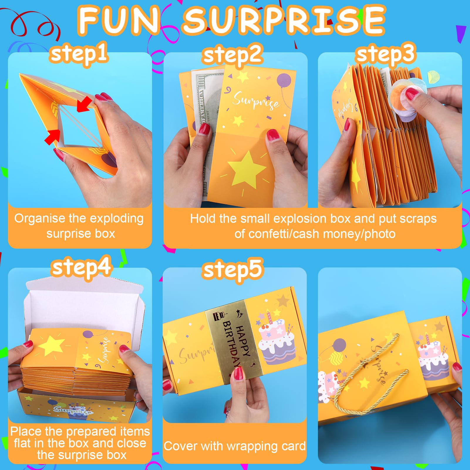 BABORUI Money Explosion Gift Box - Birthday Surprise Box with Confetti for Women, Men & Kids | Perfect for Birthday Parties, Celebrations & Special Occasions (Yellow)