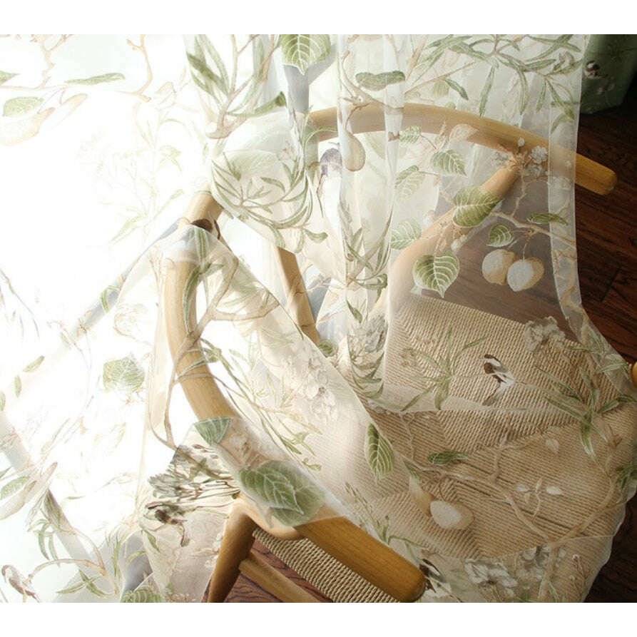 Astor American Country Garden Birds Print Semi-Sheer Curtains - Green | Light Filtering Window Treatments for Living Room & Bedroom