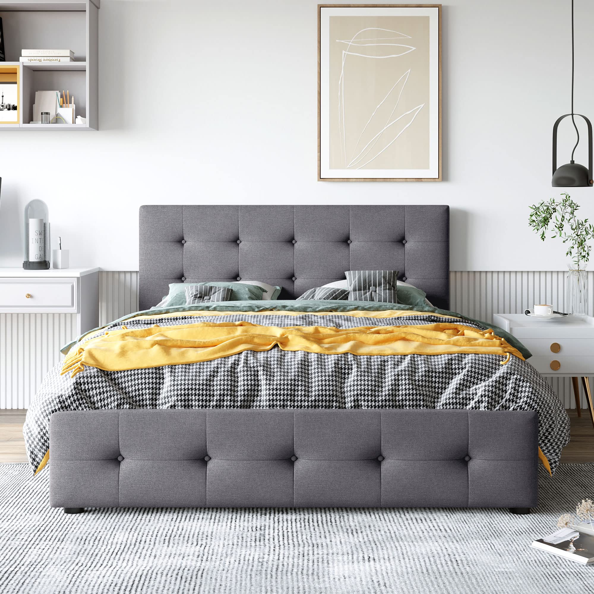 Queen Upholstered Platform Bed Frame with Storage & Headboard - Dark Grey for Modern Bedrooms