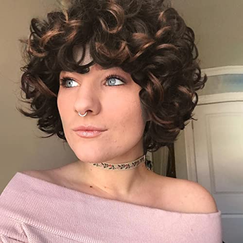 BECUS 70s Fluffy Curly Synthetic Wig for Black Women - Big Bouncy Curls Natural-Looking Wig for Daily Wear (Black Highlight Brown) | Perfect for Cosplay, Parties & Everyday Style