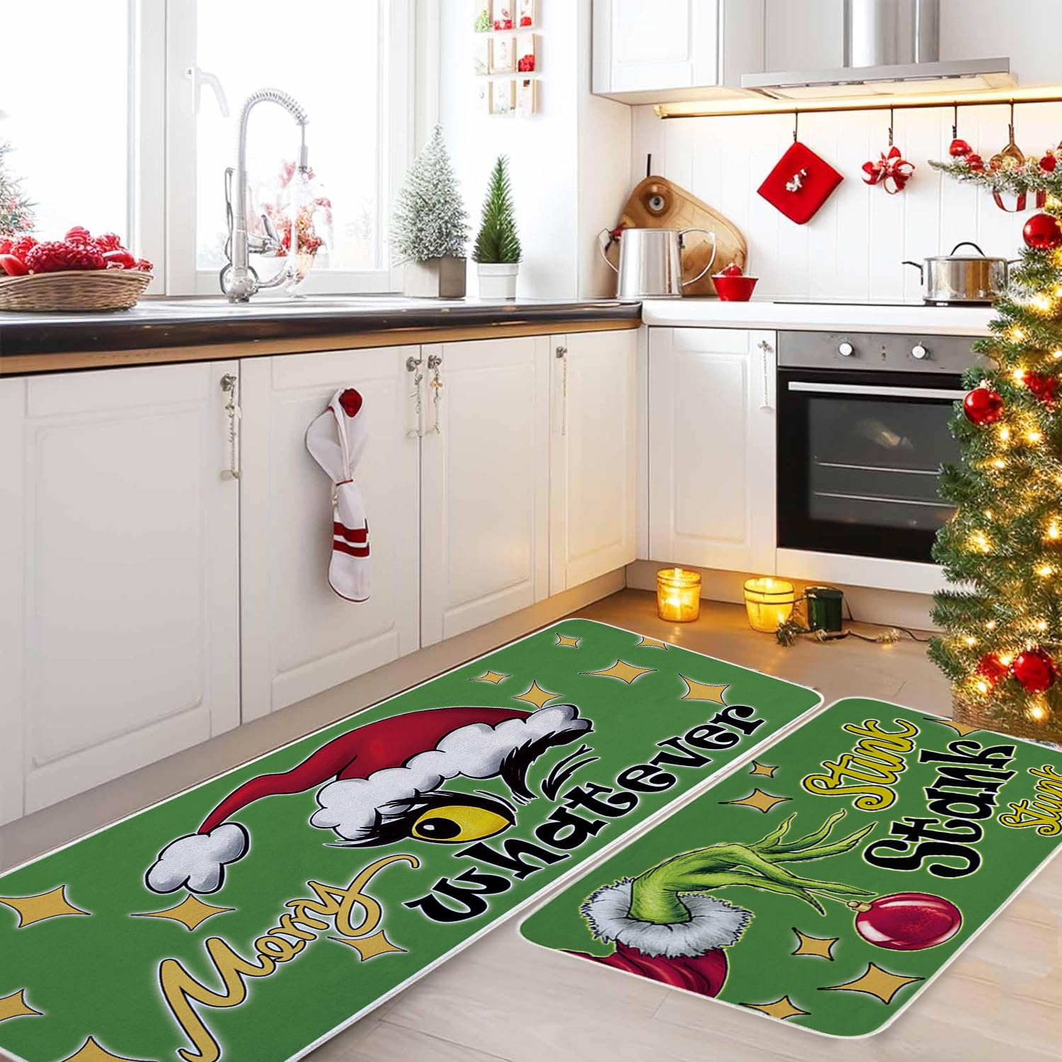 Christmas Kitchen Floor Rugs Set of 2 - Non-Slip Soft Washable Holiday Mats for Kitchen, Sink, Bathroom & Laundry Room - Festive Green Indoor Decor for Holiday Cooking & Home Decorating