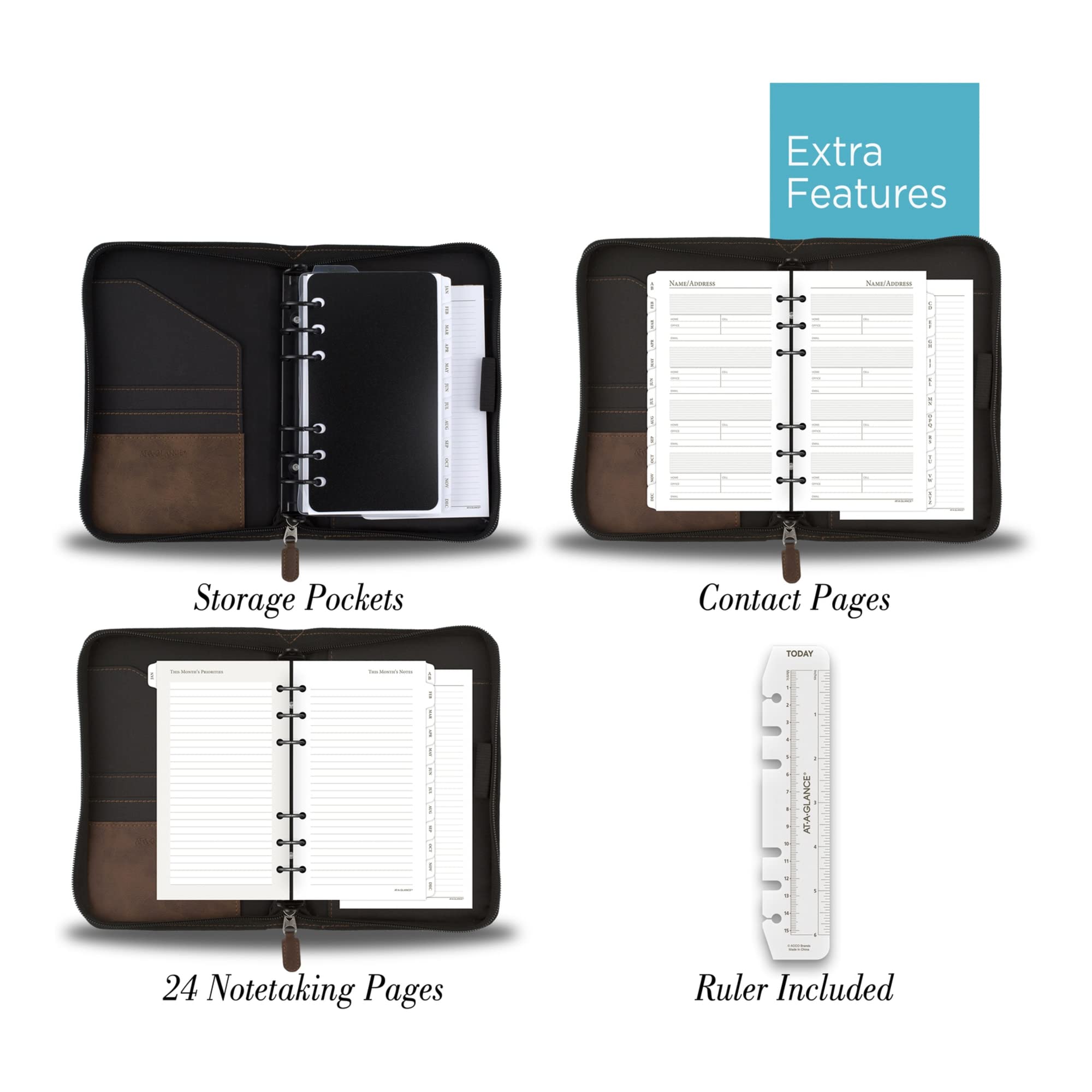 AT-A-GLANCE Simulated Leather Undated Planner Starter Set - D43074 DAY-TIMER, Portable Size, Distressed Brown (033-0140-04) - Perfect for Office, School & Daily Organization