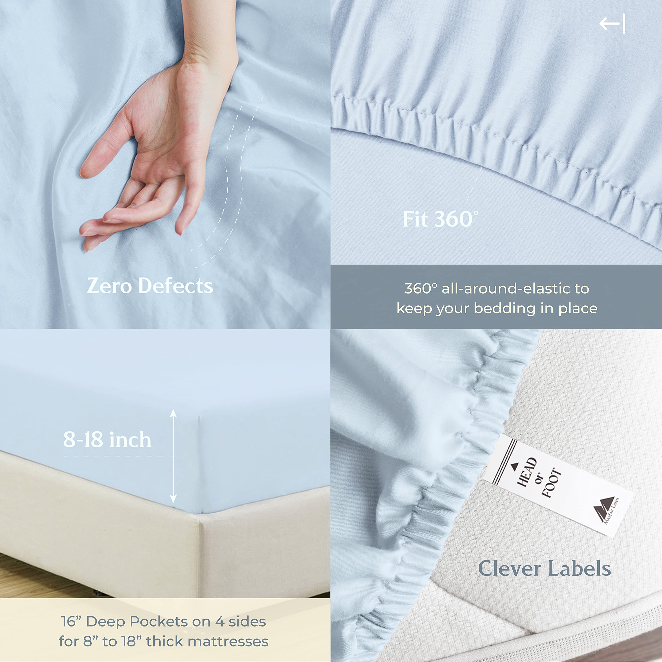 Mayfair Linen 100% Cotton Queen Size Bed Sheet Set - 4 PC 500 Thread Count Sateen Sheets (Light Blue) | Ultra Soft, Cooling & Breathable | Hotel Quality Deep Pocket (16