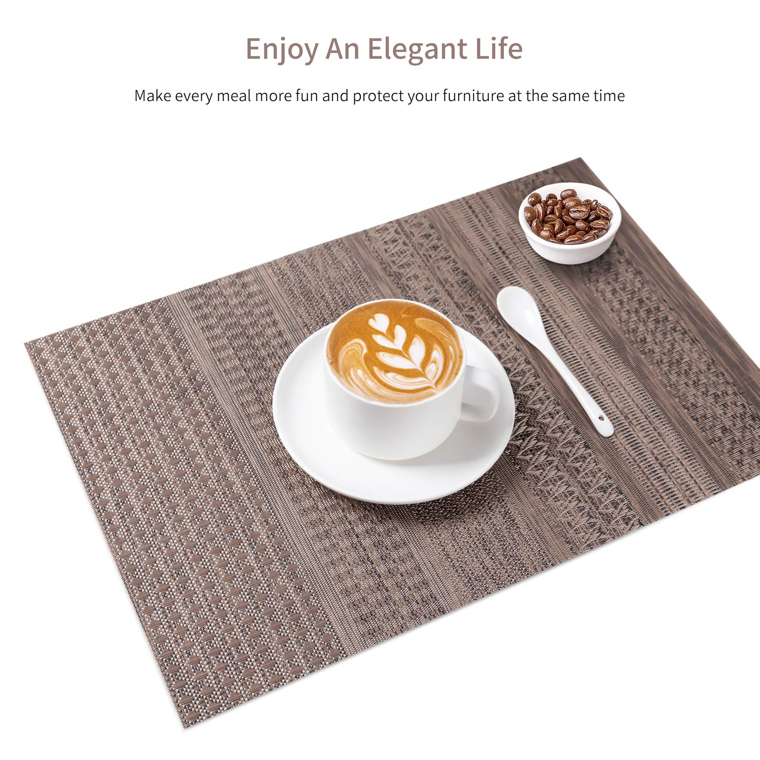 Premium Heat-Resistant & Stain-Resistant PVC Placemats Set of 6 - Non-Slip Woven Vinyl Table Mats for Kitchen Dining, Washable & Durable Brown Placemats - Perfect for Everyday Meals, Dinner Parties & Holiday Gatherings