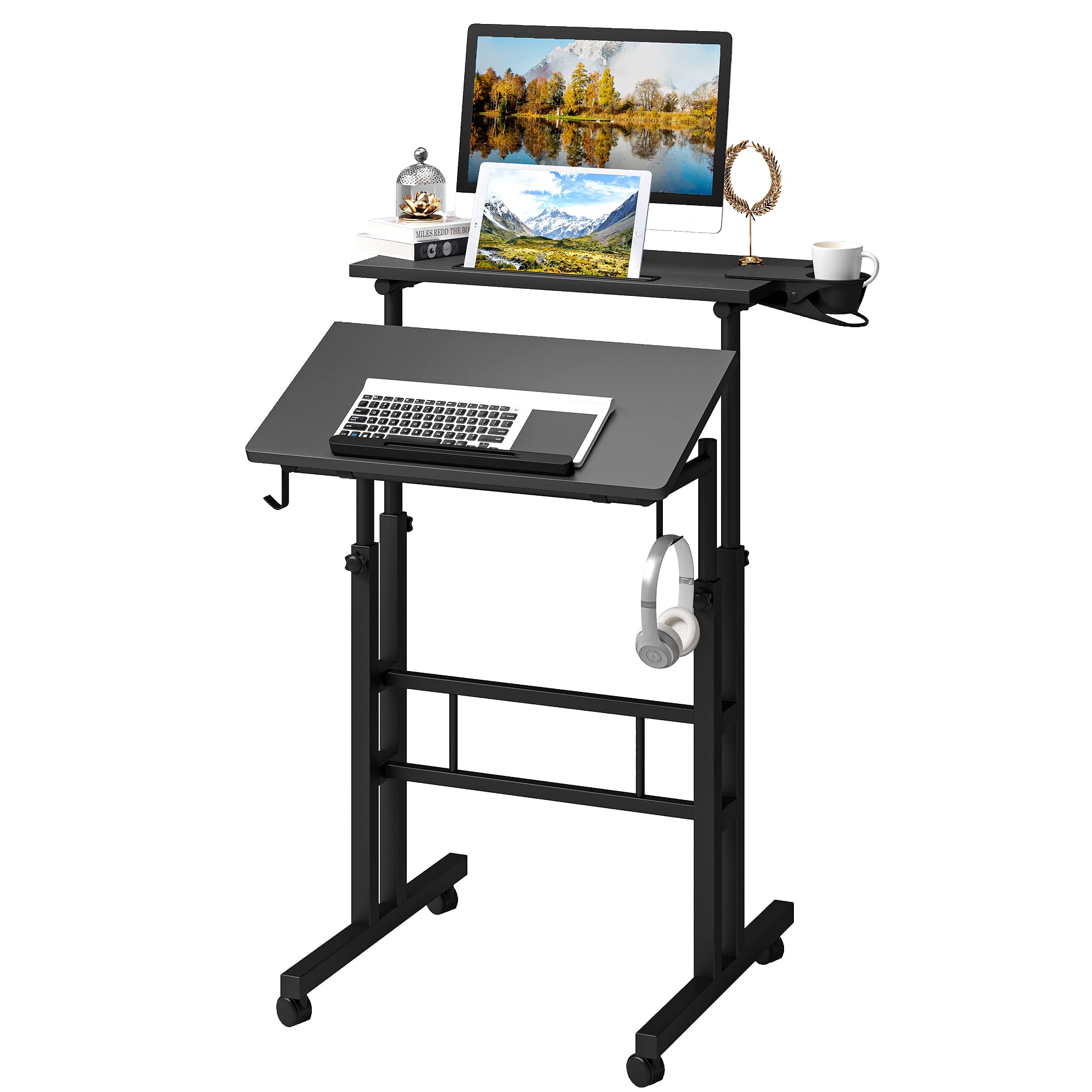KLVied Adjustable Height Mobile Standing Desk with Wheels & Cup Holder - Portable Rolling Laptop Cart for Home Office, Perfect for Standing or Sitting Workstations (Ideal for Small Spaces, Remote Work & Office Ergonomics)