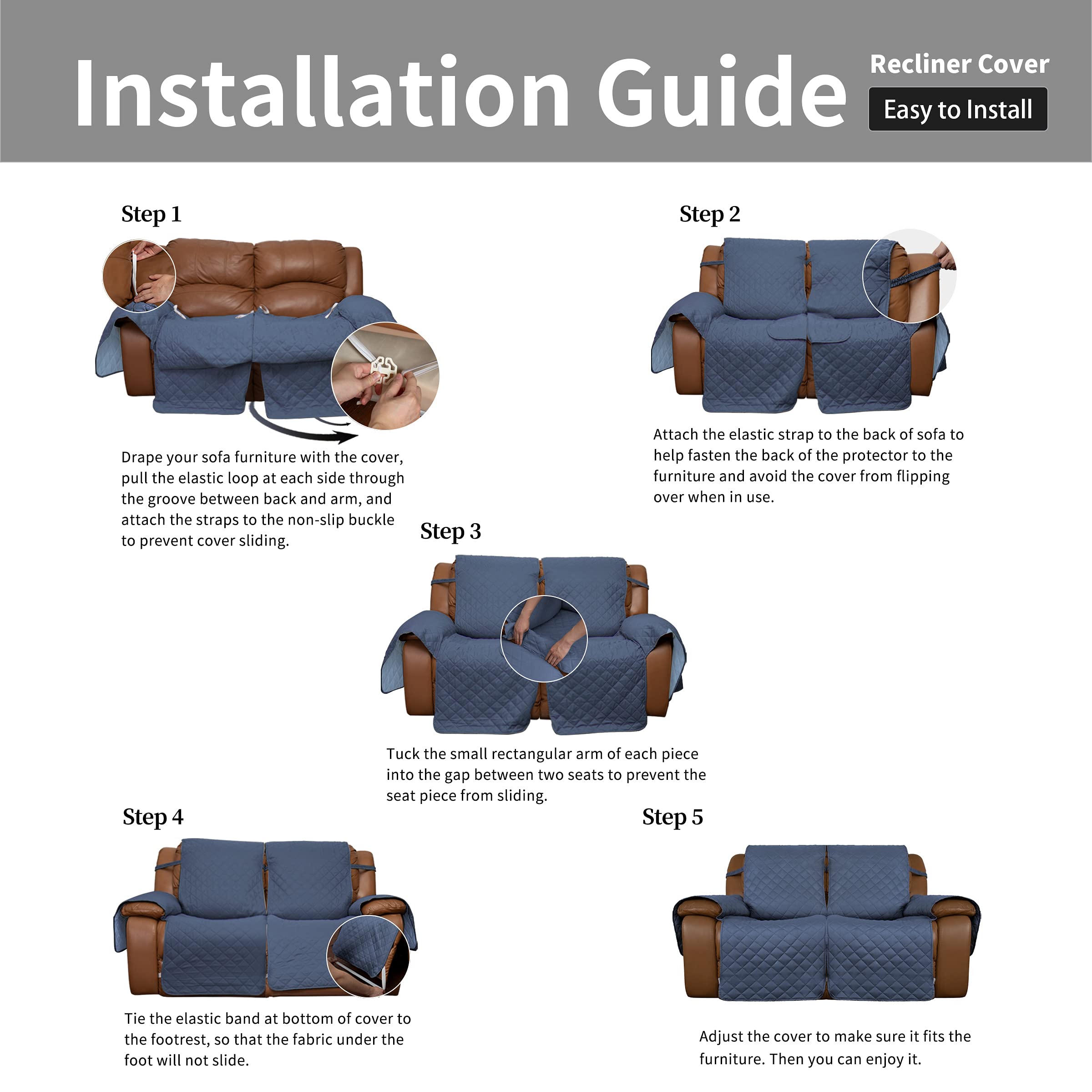 Reversible Recliner Sofa Cover for 2-Seater Double Recliner - Split Design with Elastic Straps - Dark Blue/Light Blue Furniture Protector for Pets, Kids & Home Decor - Perfect for Living Room, Family Room & Pet-Friendly Spaces