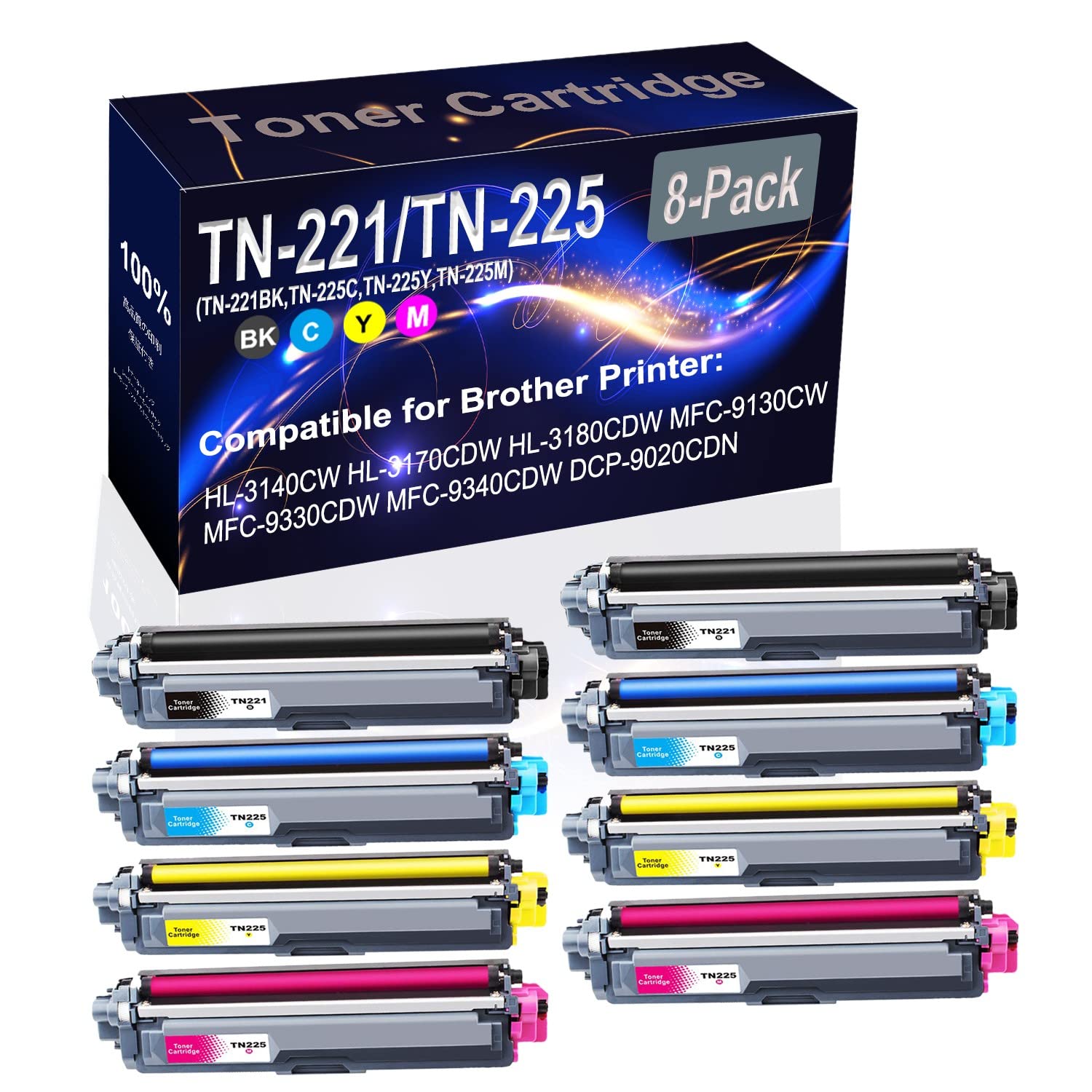 High Capacity 8-Pack (2BK+2C+2Y+2M) Replacement Toner Cartridge for Brother HL-3140CW Laser Printer - Compatible with TN221/TN225 Series (TN-221BK/TN-225C/TN-225Y/TN-225M) - Ideal for Office Printing & High Volume Documents