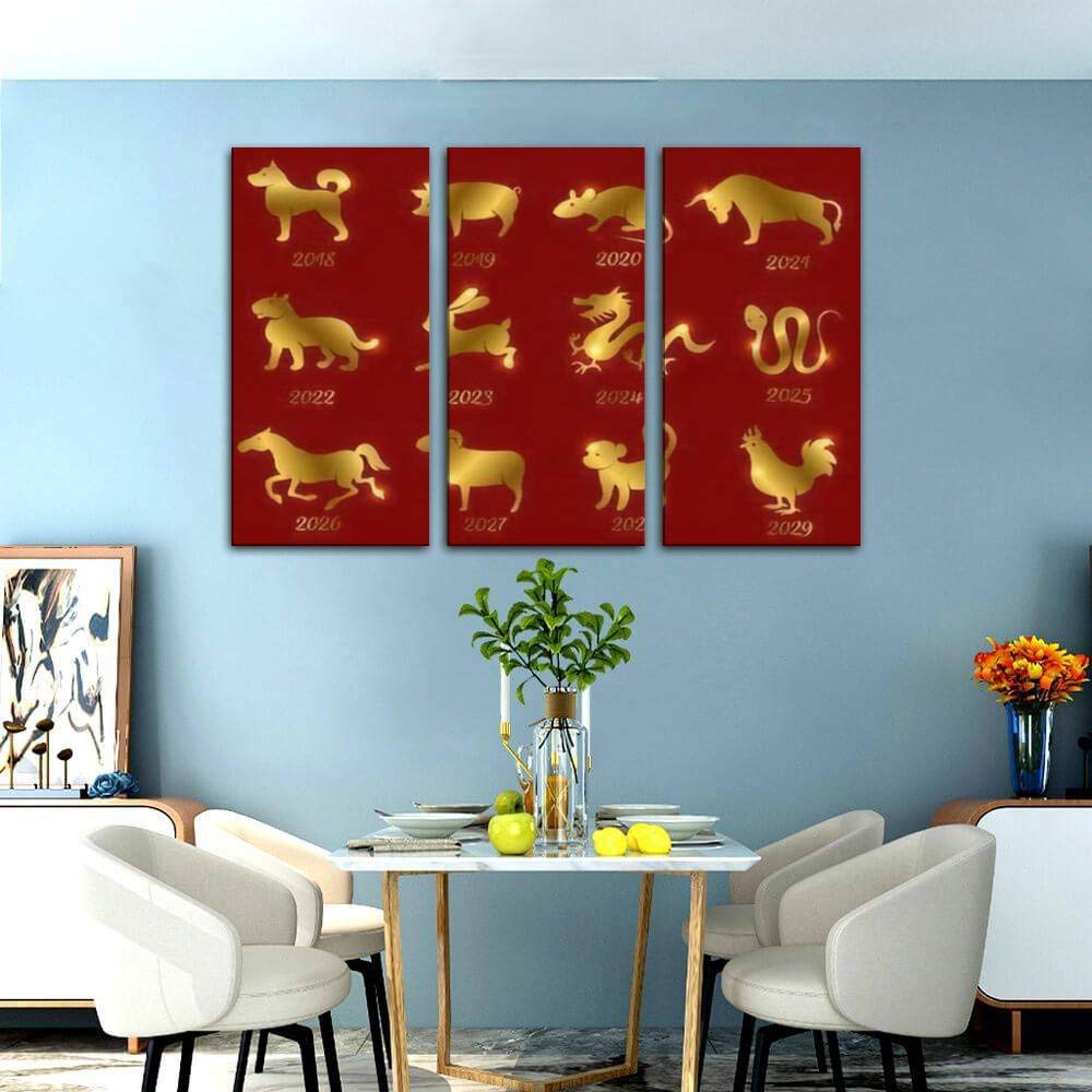 Chinese Zodiac Animals Gold Symbols Wall Art - 3 Panels Canvas Print Painting for Modern Home Decor | Perfect for Living Room, Bedroom & Office