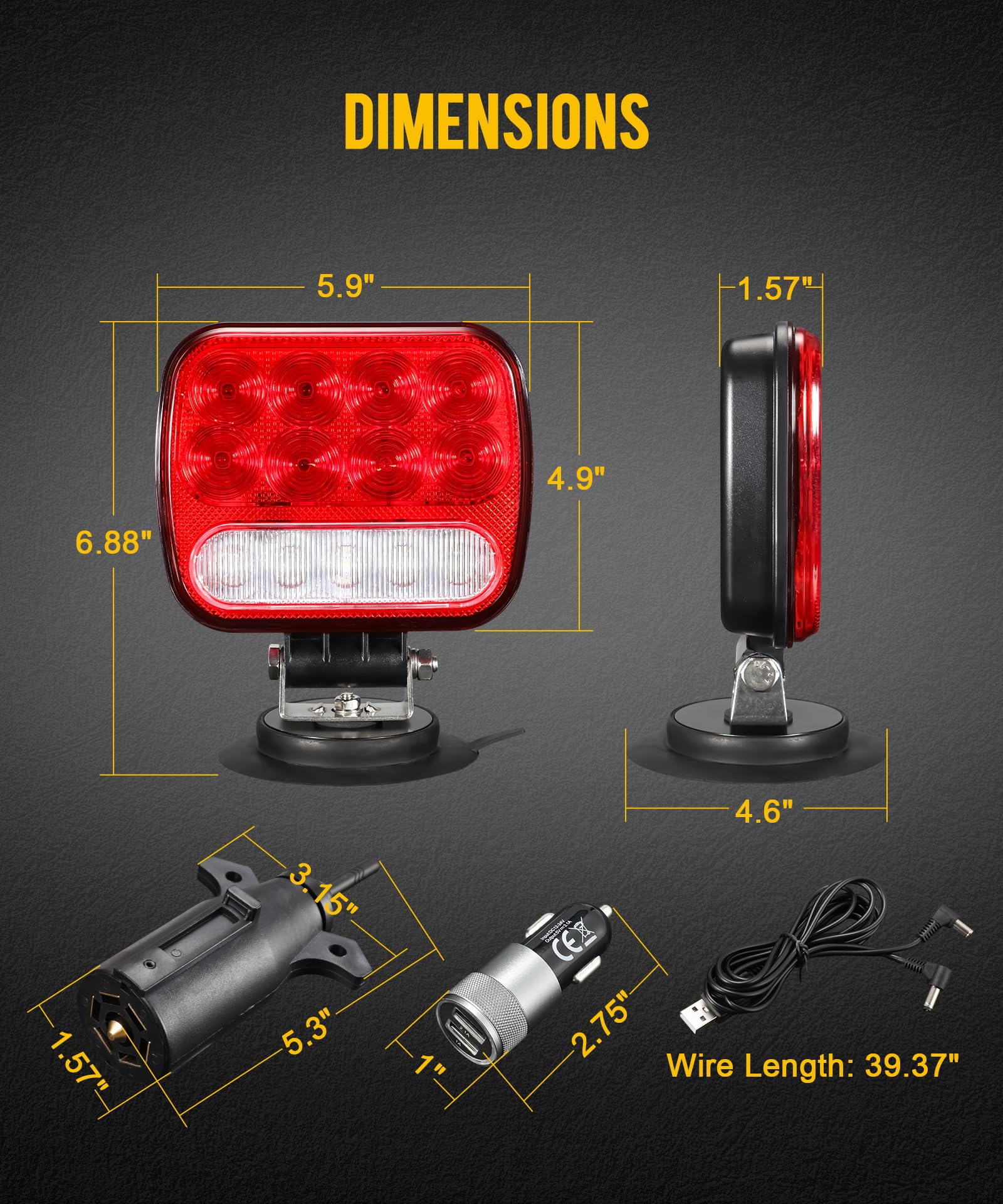 Partsam LED Magnetic Towing Tail Light Kit - Wireless LED Trailer Lights with Red+Clear Lens, 7-Pin Plug & Dual USB Charger - Universal Stop/Turn/Running/Backup Lights for Trucks & Trailers (12-24V) - Perfect for Night Towing, Camping & Roadside Safety