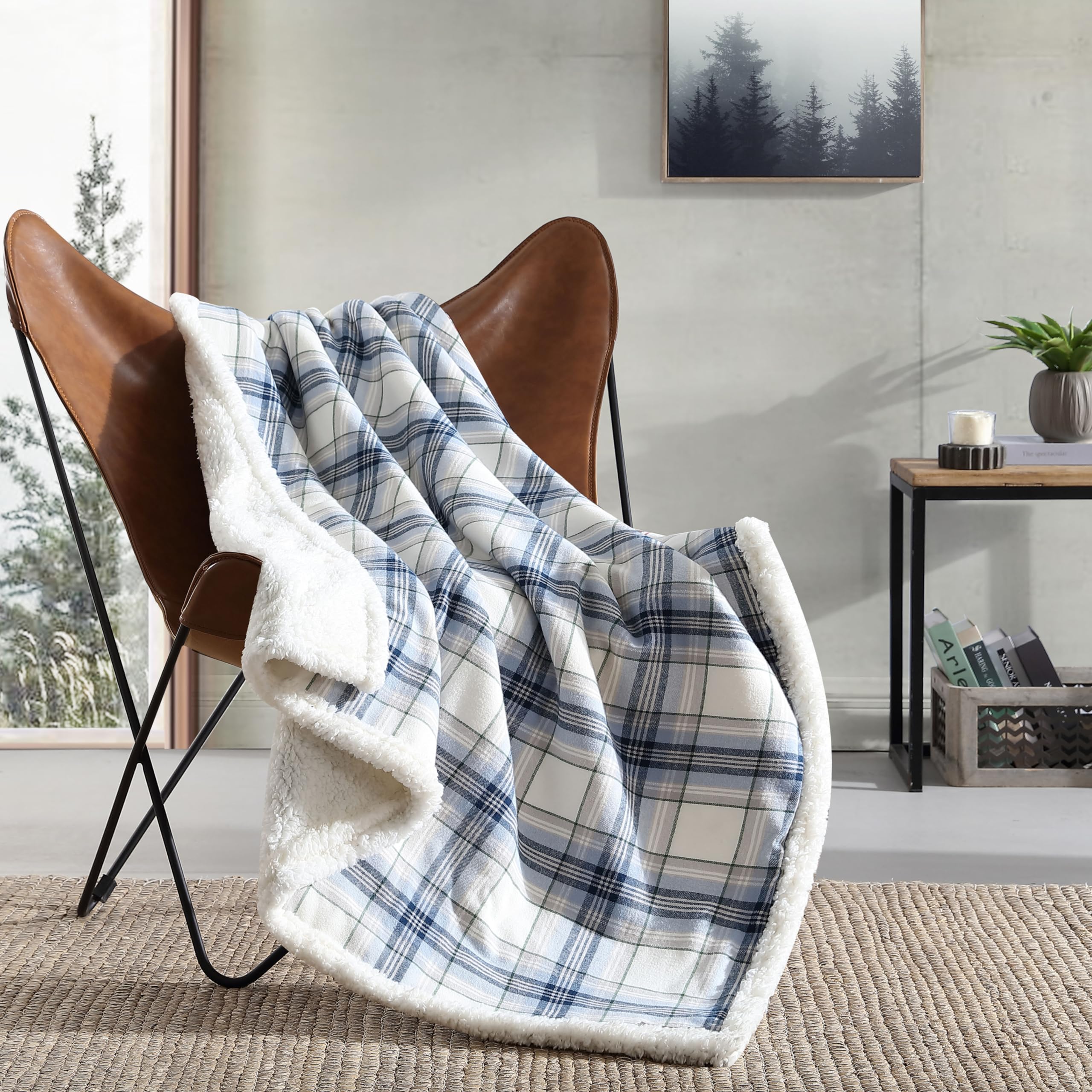 Eddie Bauer Super Soft Reversible Sherpa & Brushed Fleece Throw Blanket - Edgewood Plaid Blue | Cozy Bedding for Couch, Sofa & Lounging | Perfect for Netflix Nights, Camping & Winter Warmth