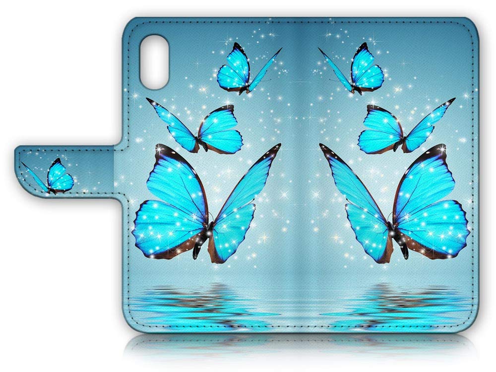 Premium Flip Wallet Phone Case for iPhone X & iPhone Xs - Blue Butterfly Design (A21669) | Slim Protective Cover with Card Slots | Perfect for Everyday Use & Travel Accessories