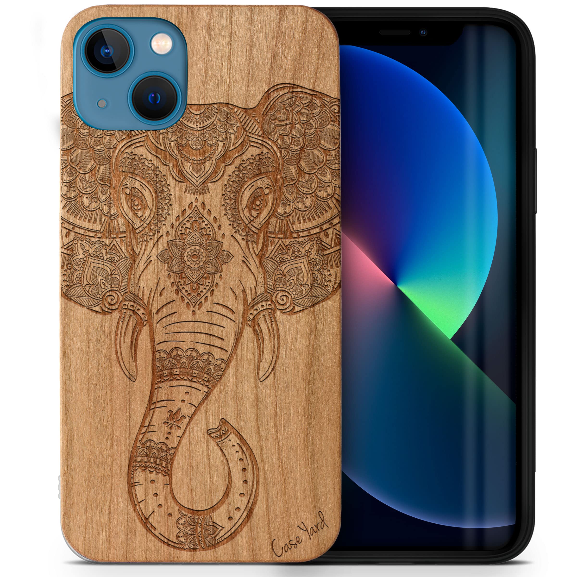 CaseYard Wood Phone Case for iPhone 13 Mini - Laser Engraved Royal Elephant Head Design, Cherry Wood Protective Cover, Shockproof & Slim Fit for Men & Women - Perfect for Travel, Office & Everyday Use