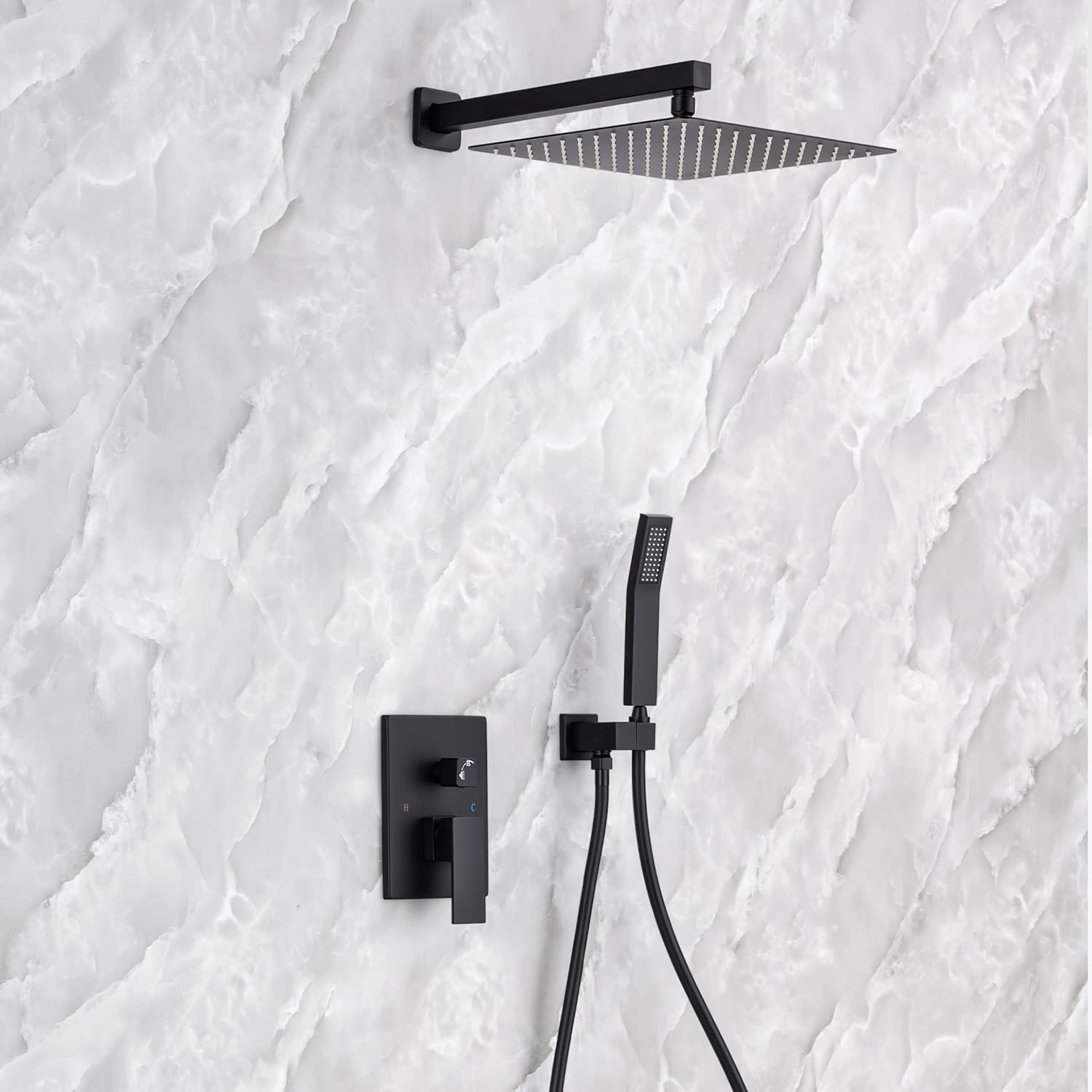 Luxury Matte Black 12 Inch Square Rain Shower Head System - Wall Mounted Rainfall Shower Combo Set with Faucet Rough-in Valve (Perfect for Modern Bathroom & Spa Experience)