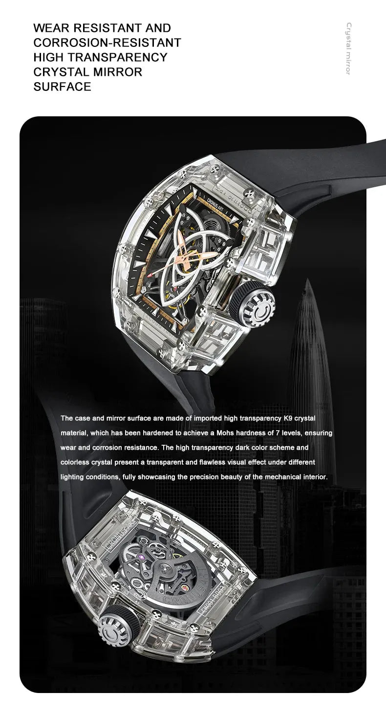 CRONUSART Men's Automatic Skeleton Watch - 50x42mm Tonneau Mechanical Wristwatch with Luminous Dial, Acrylic Case & Fluororubber Strap - Perfect for Business, Casual Wear & Special Occasions