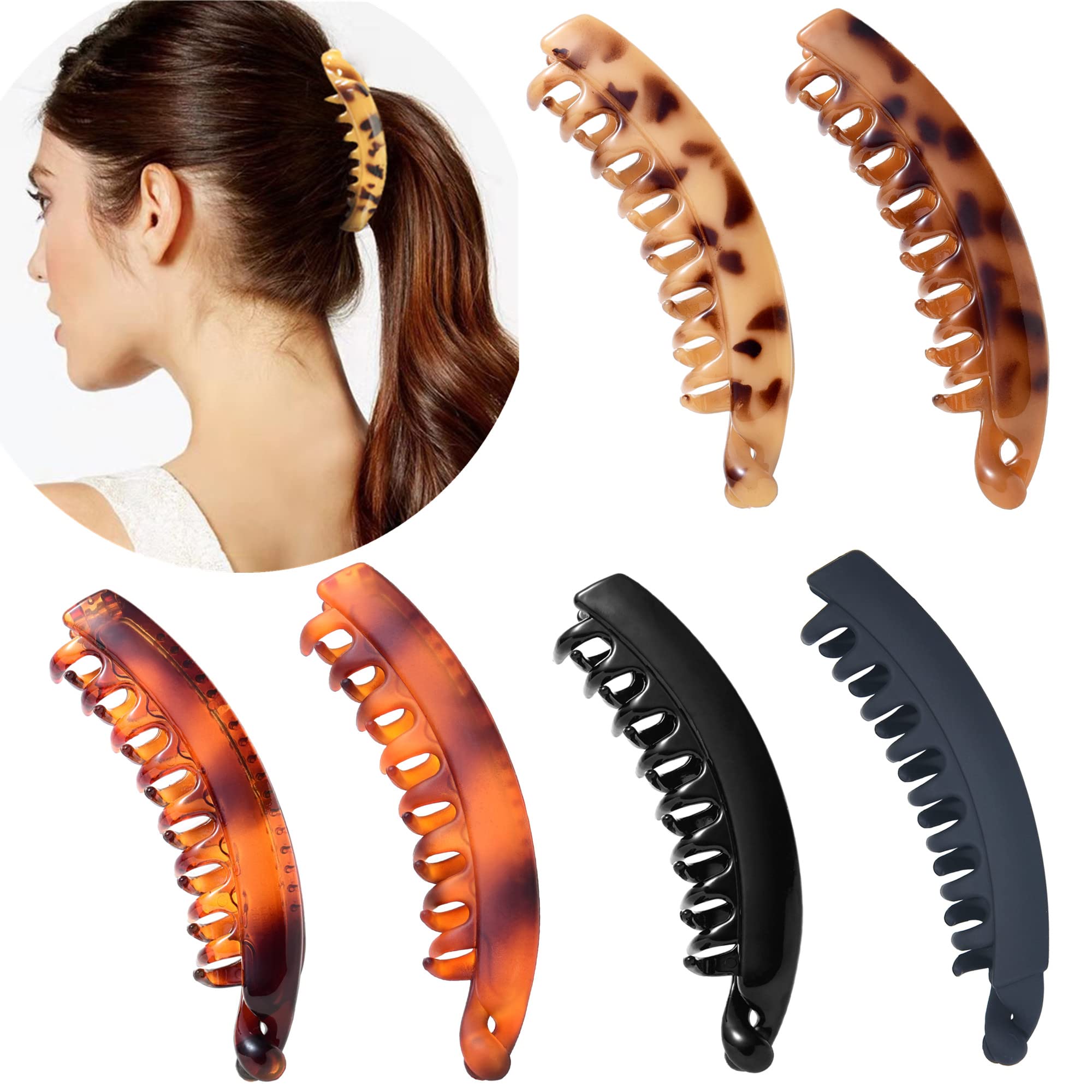 6 Pack Large Banana Hair Clips - 5 Inch Non-Slip Claw Clips for Women with Thin, Fine or Thick Hair - Perfect for Ponytails, Buns & Everyday Hairstyles