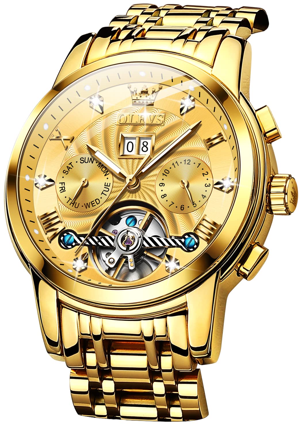 Premium OLEVS Automatic Men's Watch with Diamond Skeleton & Tourbillon - Self-Winding Mechanical Luxury Dress Watch, Calendar, Luminous Hands, Waterproof - Perfect for Business, Formal Events & Gift Giving