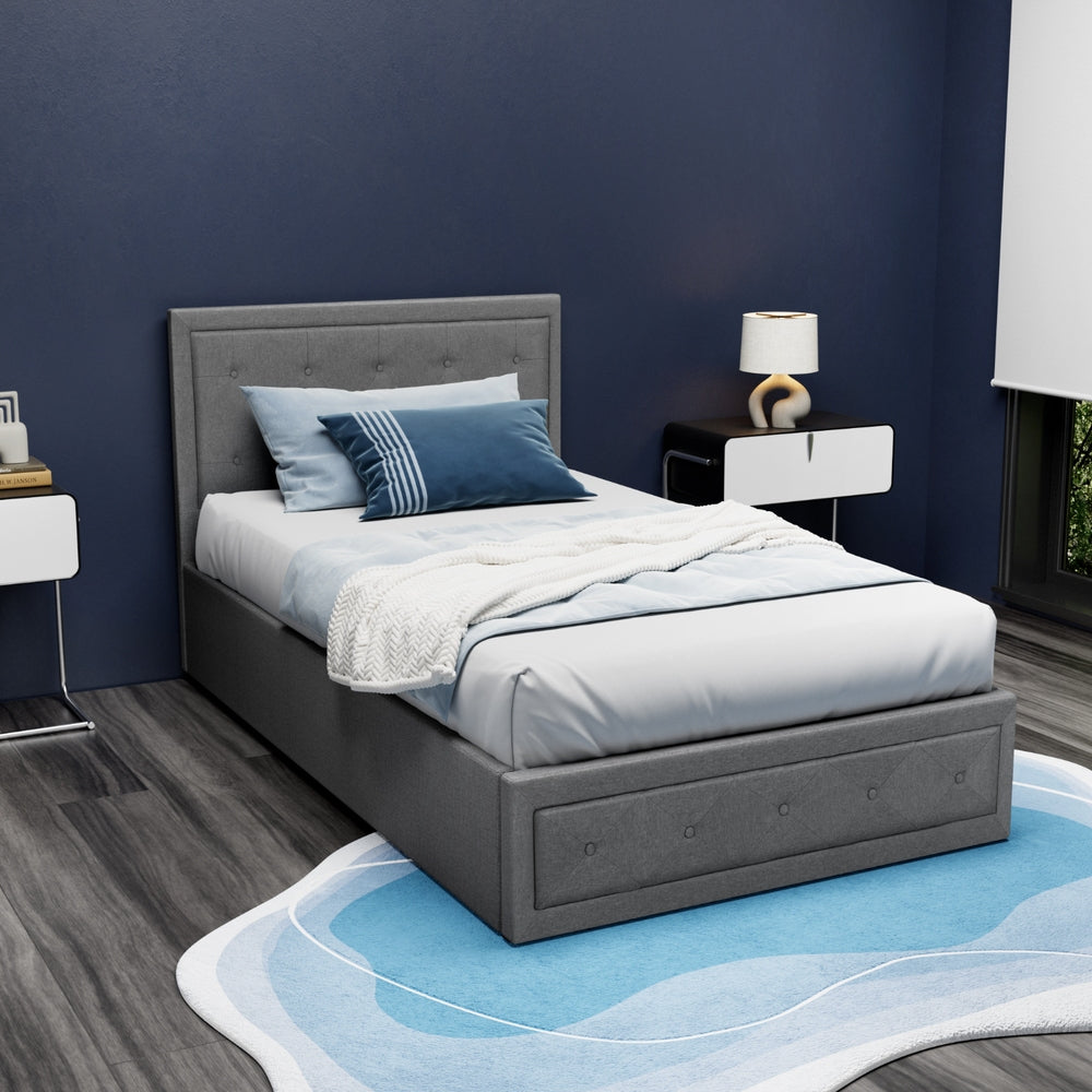 Bronte Storage King Single Bed Frame Grey - Space-Saving Bed with Underbed Storage for Small Rooms & Apartments