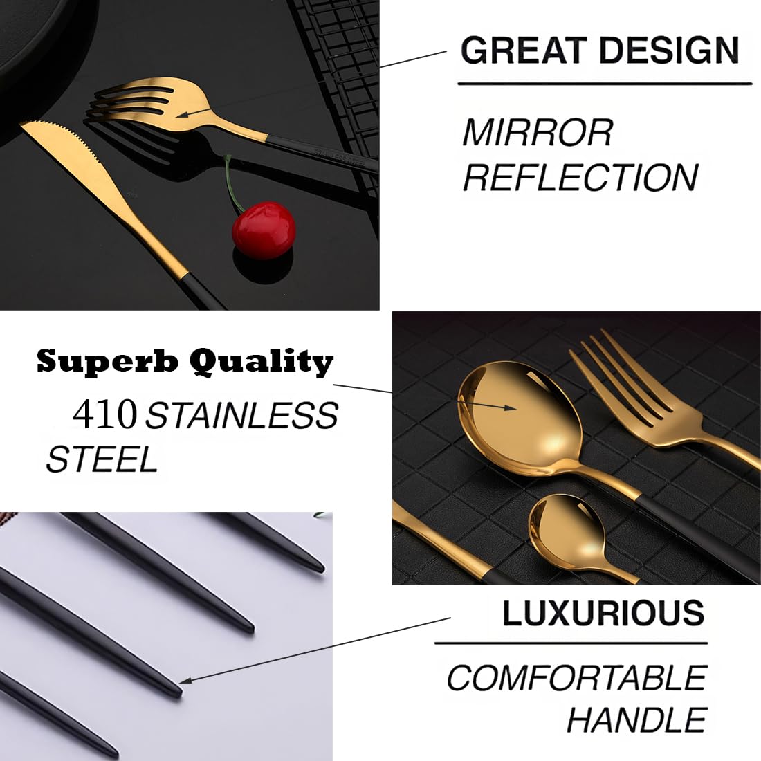 Premium BonZeaL 24-Piece Black Gold Cutlery Set for 6 - Mirror Finish Stainless Steel Flatware Set - Elegant Housewarming Gift for New Home, Hotel, Cafe, Bar & Restaurant - Perfect for Weddings, Dinner Parties & Formal Dining