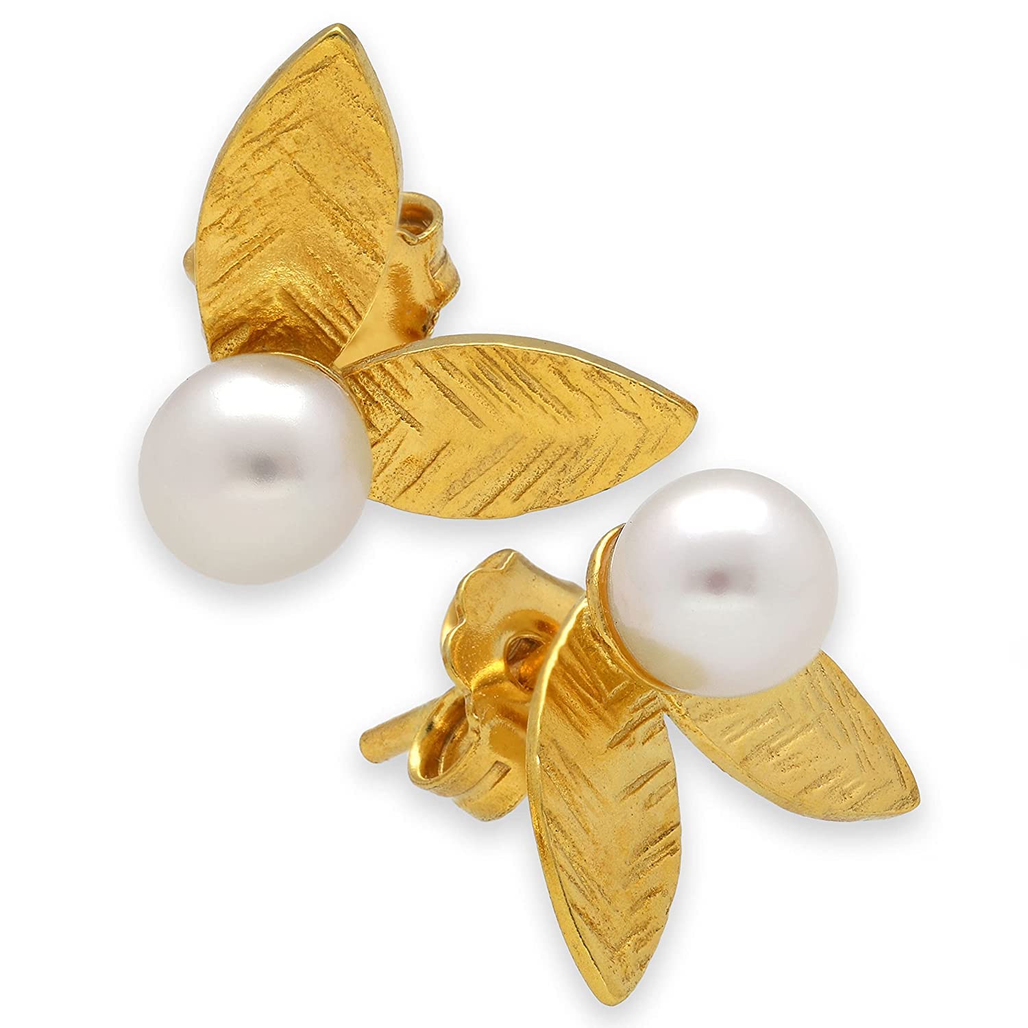 Handmade Gold Sterling Silver Dainty Stud Earrings - Minimalist Leaf & Pearl Studs for Sensitive Ears | Perfect for Everyday Wear, Gift Giving & Special Occasions