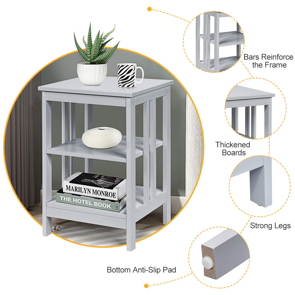 Giantex 3-Tier Nightstand Set of 2 - Modern Bedside Table with Storage Shelves & Reinforced Metal Frame - Sturdy Wooden End Table for Bedroom, Living Room - Easy Assembly, Gray - Perfect for Small Spaces & Apartment Living