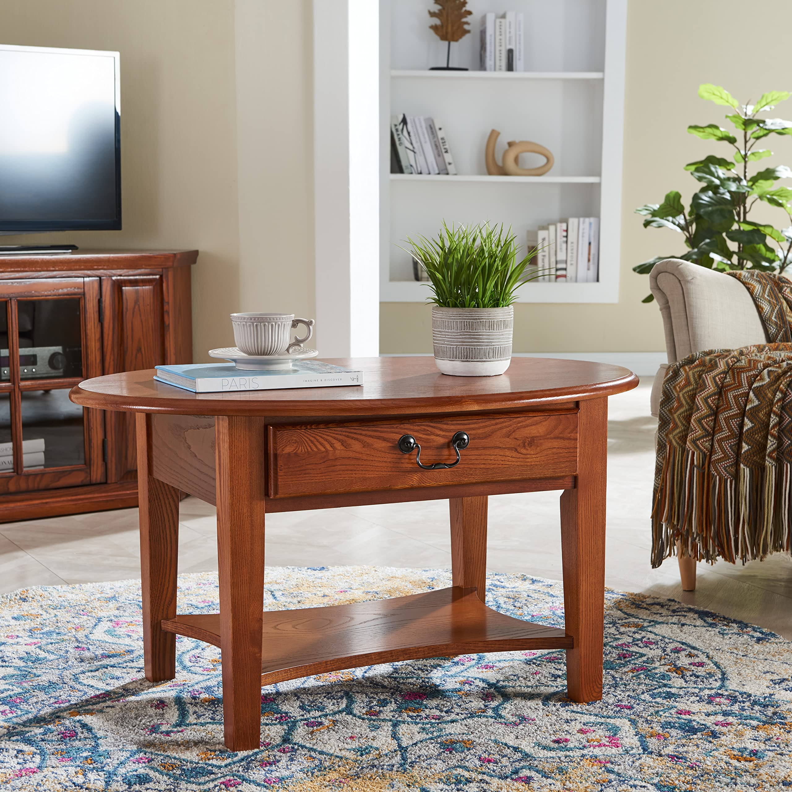 Solid Wood Side End Table with Storage Drawers & Oval Coffee Table Set - Handcrafted Rustic Oak Finish - Living Room Furniture for Home Decor