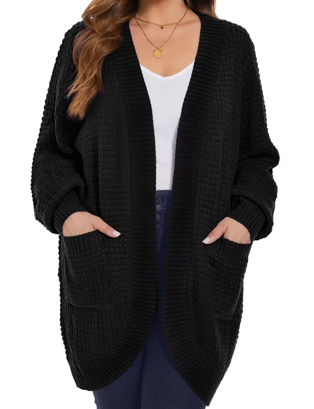 MONNURO Women's Plus Size Open Front Cardigan - Soft Waffle Knit Long Sleeve Sweater with Pockets | Cozy Fall & Winter Outerwear for Casual Wear, Office, and Travel (2024)