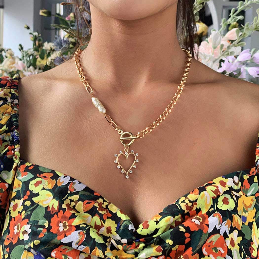 Ckecharfa Gold Chunky Pearl Heart Necklace for Women - Elegant Layering Chain Jewelry Gift for Valentine's Day, Anniversary & Date Night