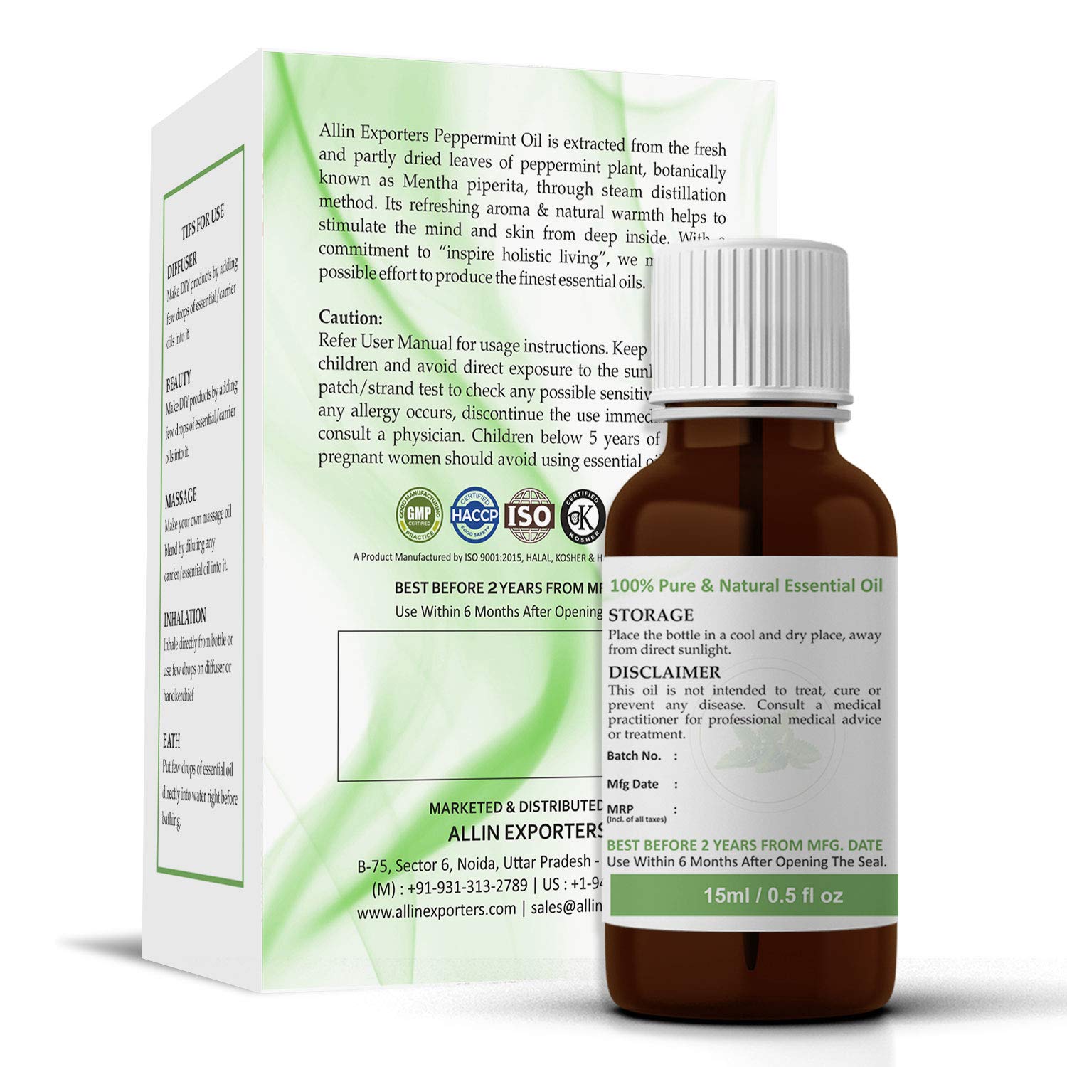 Allin Exporters 100% Pure Peppermint Essential Oil - 15ml Therapeutic Grade for Aromatherapy, Skin Care & Home Fragrance | Eliminates Odors, Relieves Stress | Perfect for Diffusers, Massage & DIY Beauty Products