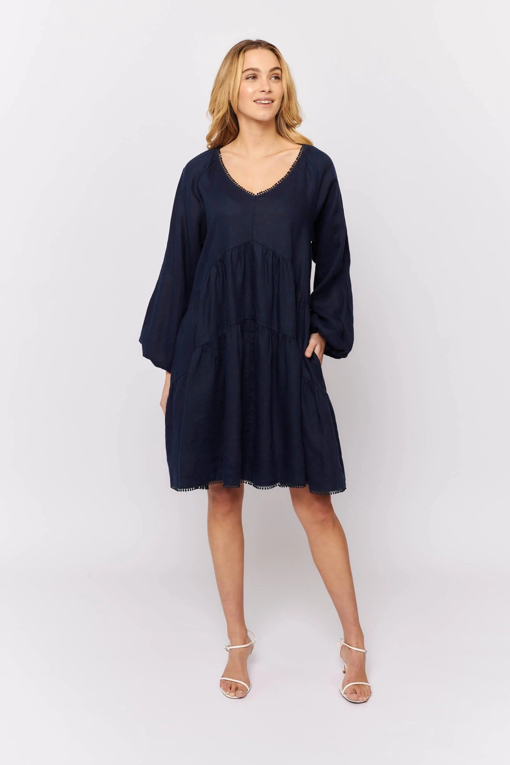 Elegant Baroque Dress in Coastal Navy Linen - Vintage Inspired Formal Gown for Weddings, Parties & Special Occasions