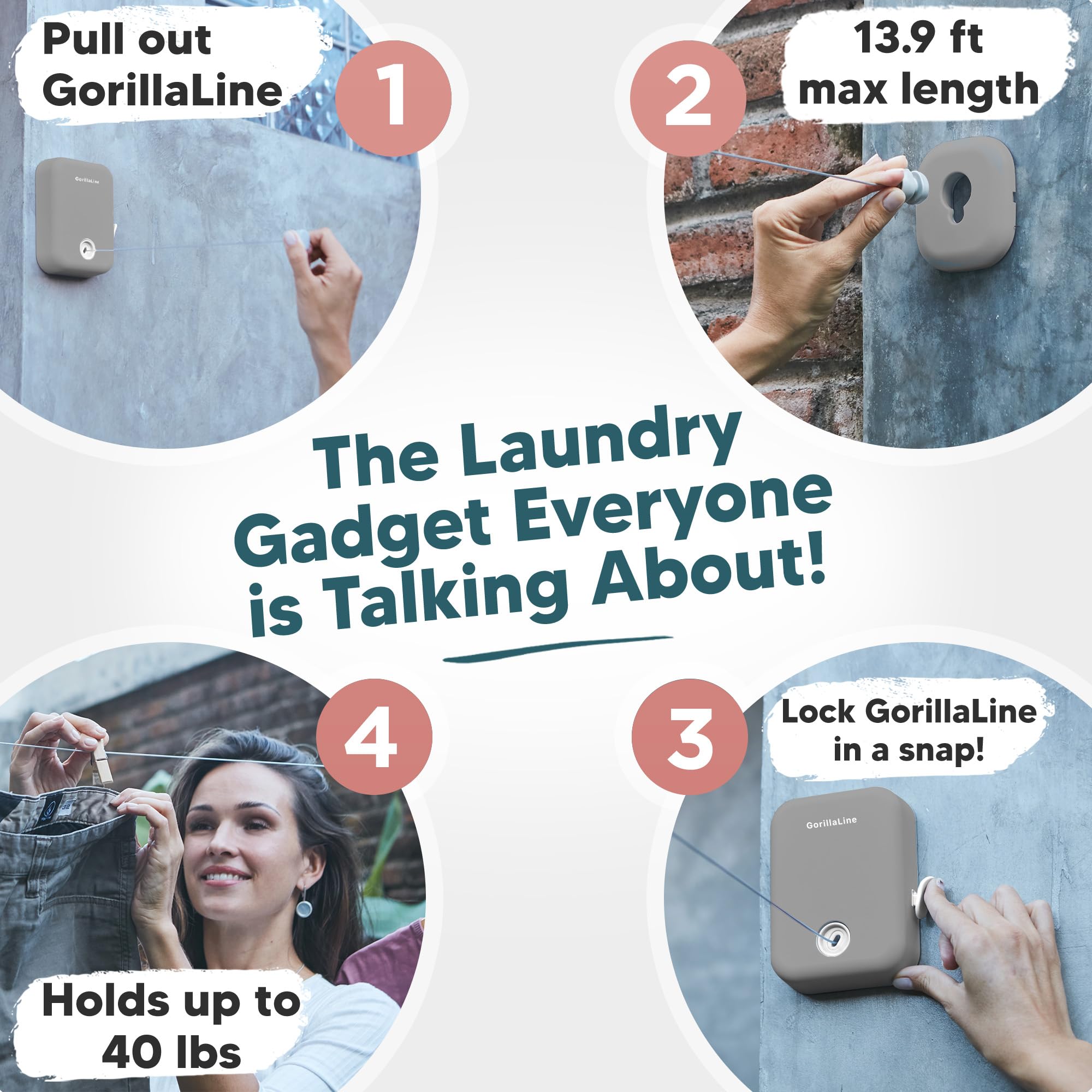 GorillaLine Retractable Clothesline for Indoor & Outdoor Use - Heavy Duty Wall Mounted Laundry Drying Rack - Perfect for Small Spaces, Apartments, Camping & Travel - Air Dry Clothes Efficiently