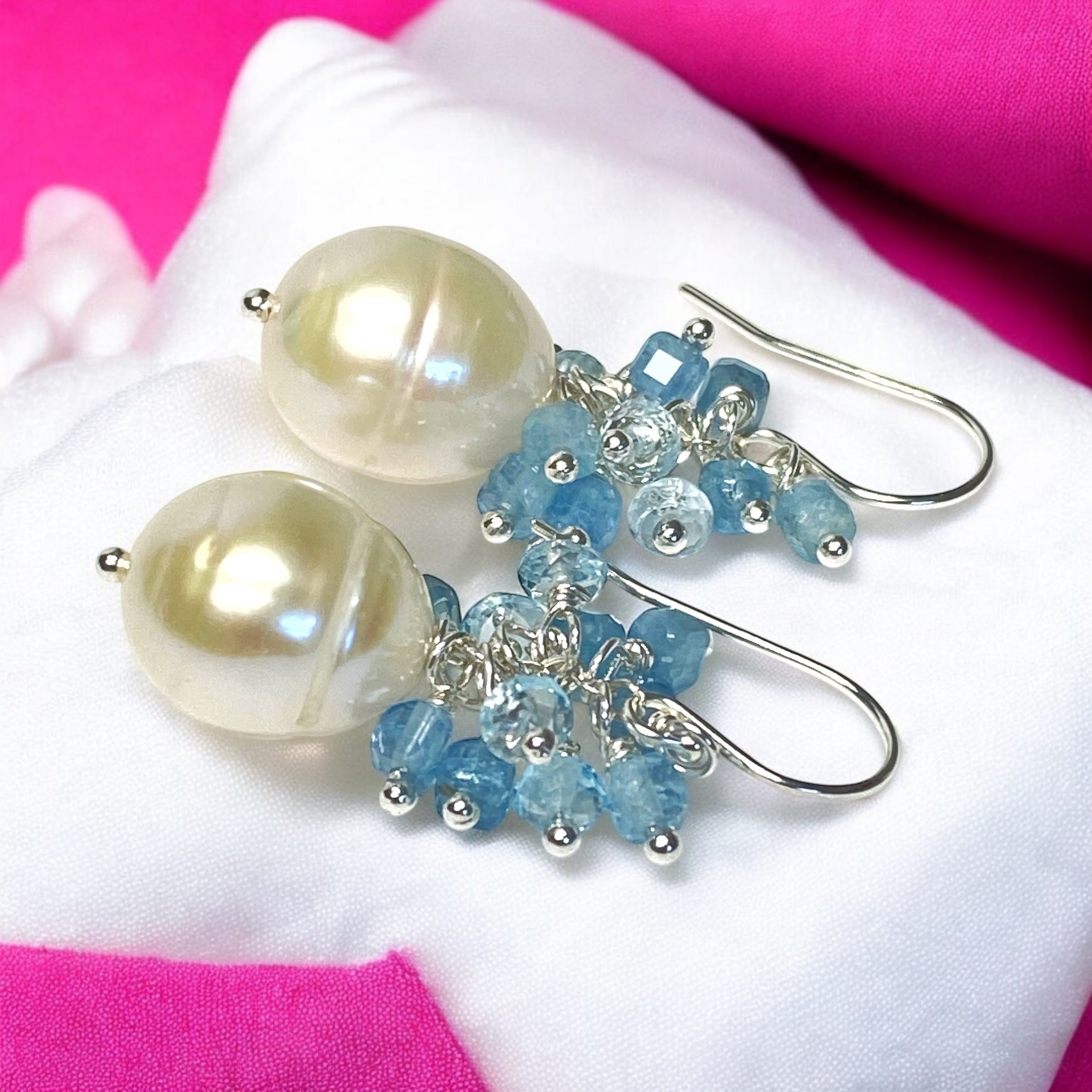 Elegant Pearl Cluster Earrings with Blue Aquamarine & Topaz - 14K Gold Filled or Sterling Silver - Perfect for Weddings, Parties & Special Occasions