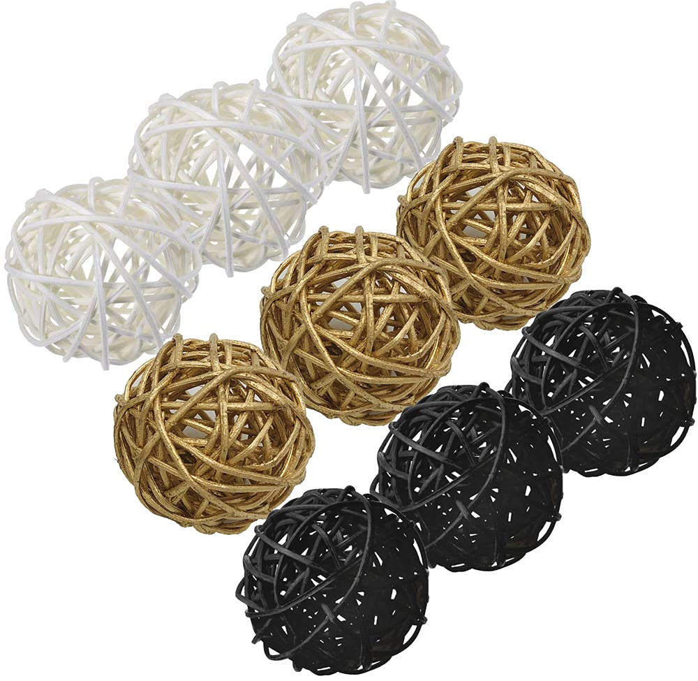 9-Piece 3-Inch Wicker Ball Decor Set - Natural Rattan Balls for Home Decor, DIY Vase Filler, Wedding Centerpieces, Nursery & Baby Room Décor (White, Black, Gold) - Perfect for Boho, Farmhouse & Rustic Style Decorating