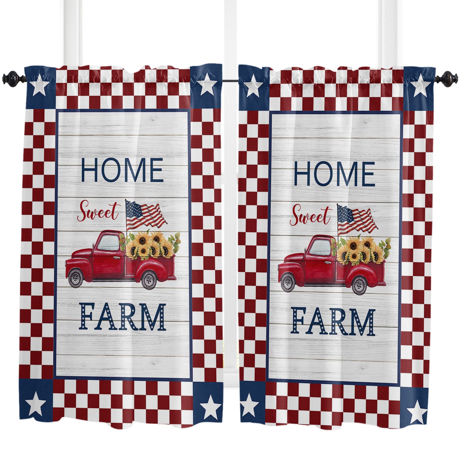 Rustic Sunflower Wooden Stripes Bathroom Window Curtains - Buffalo Plaid Lace Kitchen Drapes, Red Independence Style Bedroom & Living Room Window Treatments (2 Panels, 84x45 Inches) - Perfect for Farmhouse, Cottage & Country Home Decor