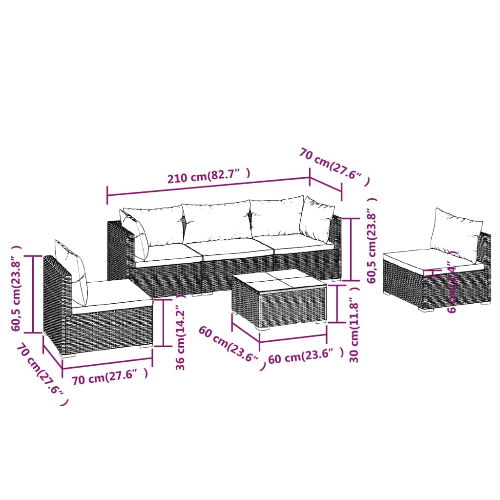 6-Piece Modular Patio Lounge Set with Cushions - Stylish Brown Poly Rattan Outdoor Furniture with Powder-Coated Steel Frame, Garden Sofa Set with Coffee Table - Perfect for Backyard, Poolside & Patio Relaxation