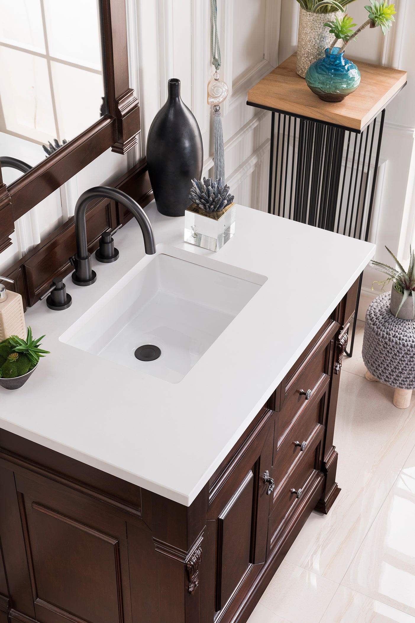 Brookfield 36 Inch Single Bathroom Vanity with Burnished Mahogany Finish & 3CM White Zeus Quartz Countertop - Perfect for Modern Master Bathrooms, Powder Rooms & Small Space Remodels