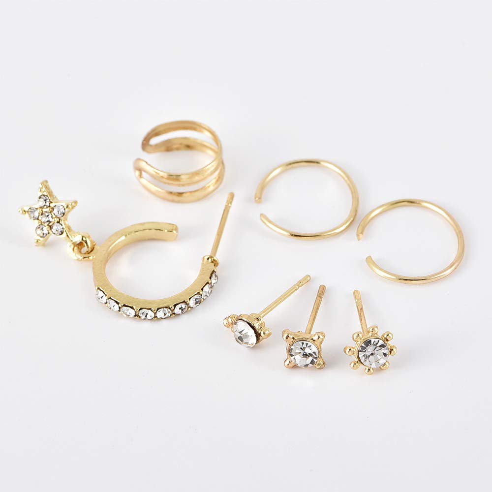 Missgrace 7-Piece Vintage Rhinestone Hoop Earrings Set - Gold Bohemian Star Stud Earrings for Women, Perfect for Parties, Date Nights & Boho Fashion Outfits