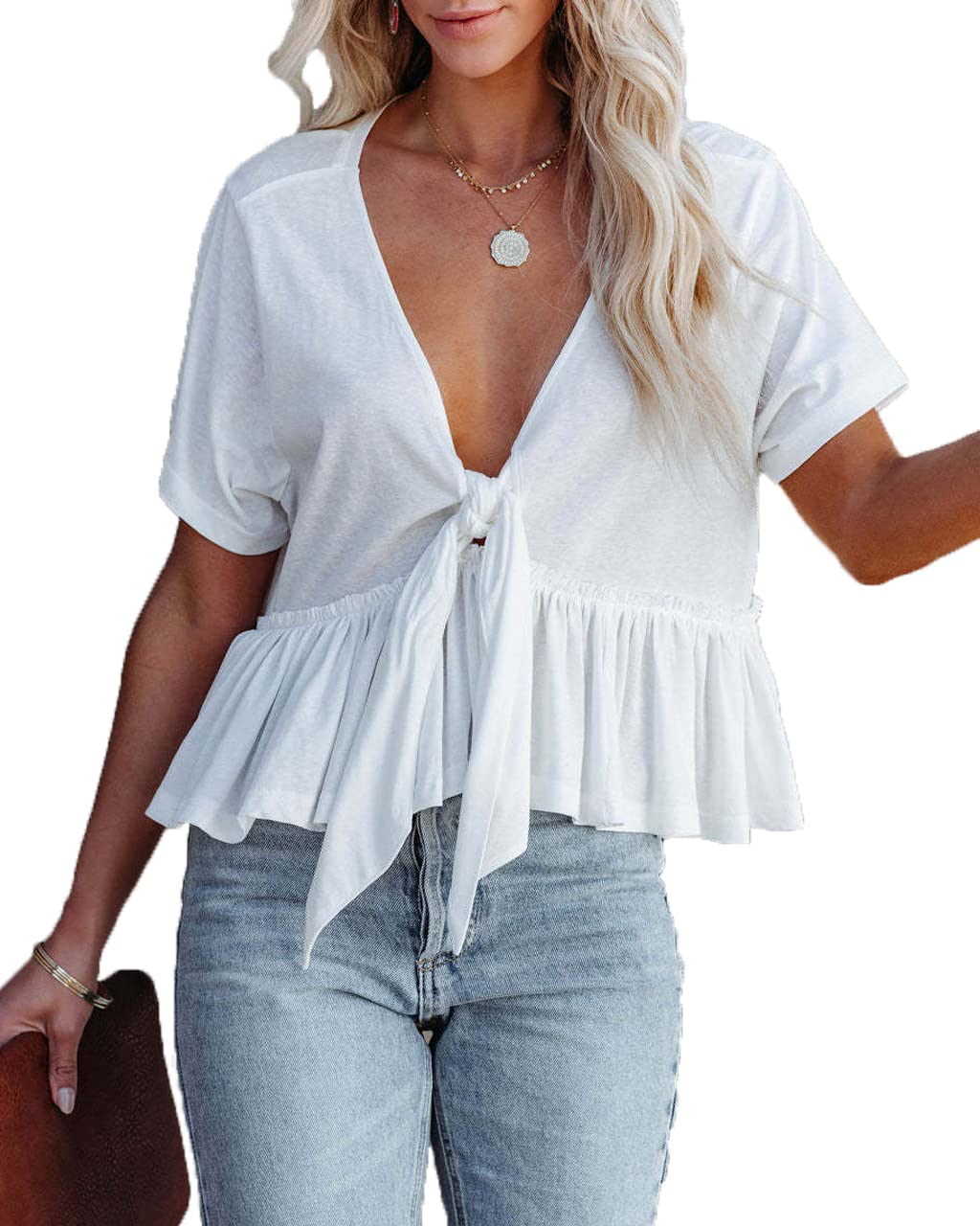 Women's Summer Tops - Deep V Neck Tie Front Cotton Shirt, Sexy Babydoll Blouse for Casual Wear & Date Night | Breathable Solid Color Tops for Beach, Party & Vacation Outfits