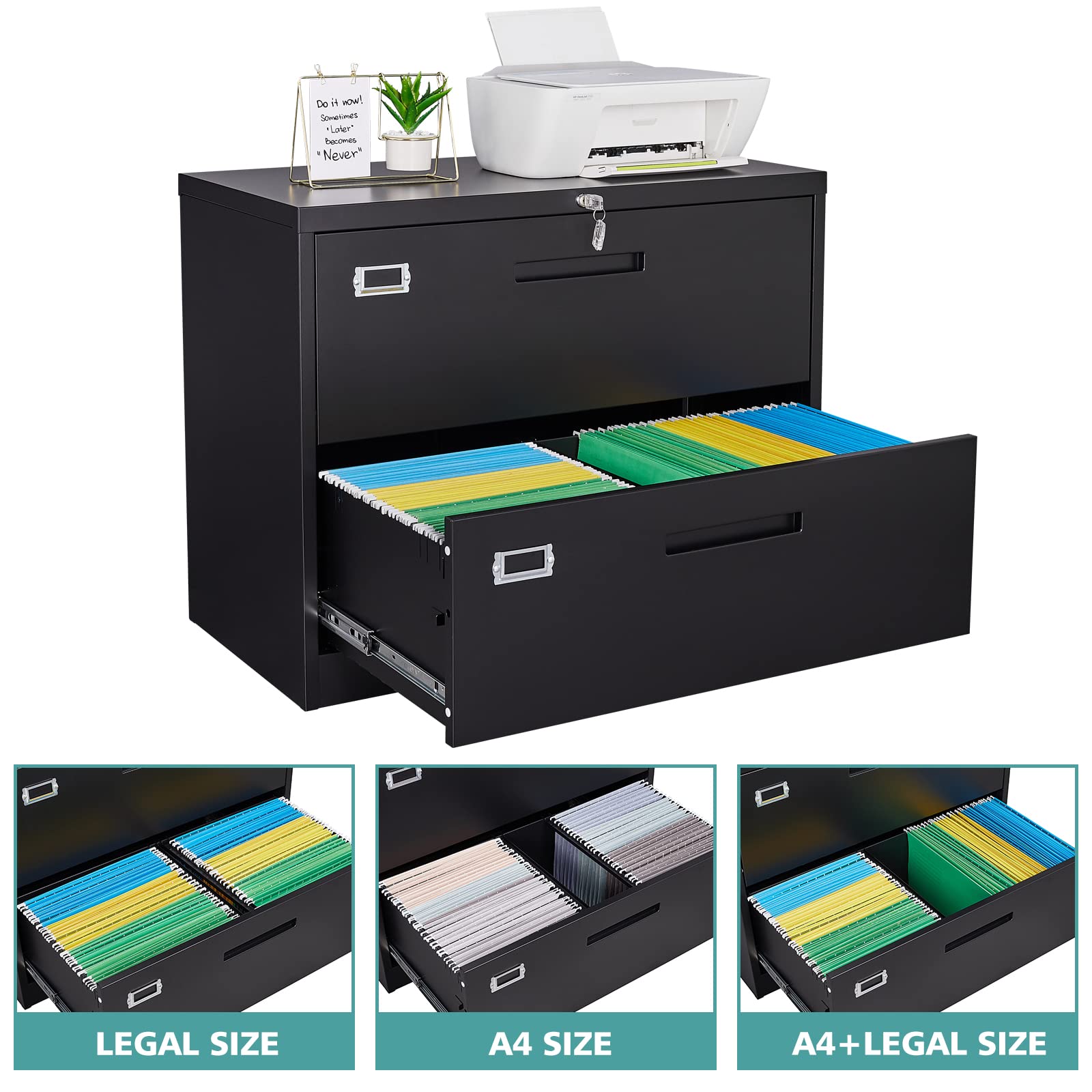 MIIIKO 2 Drawer Lateral File Cabinet - Black Metal Filing Cabinet with Lock, 35.4