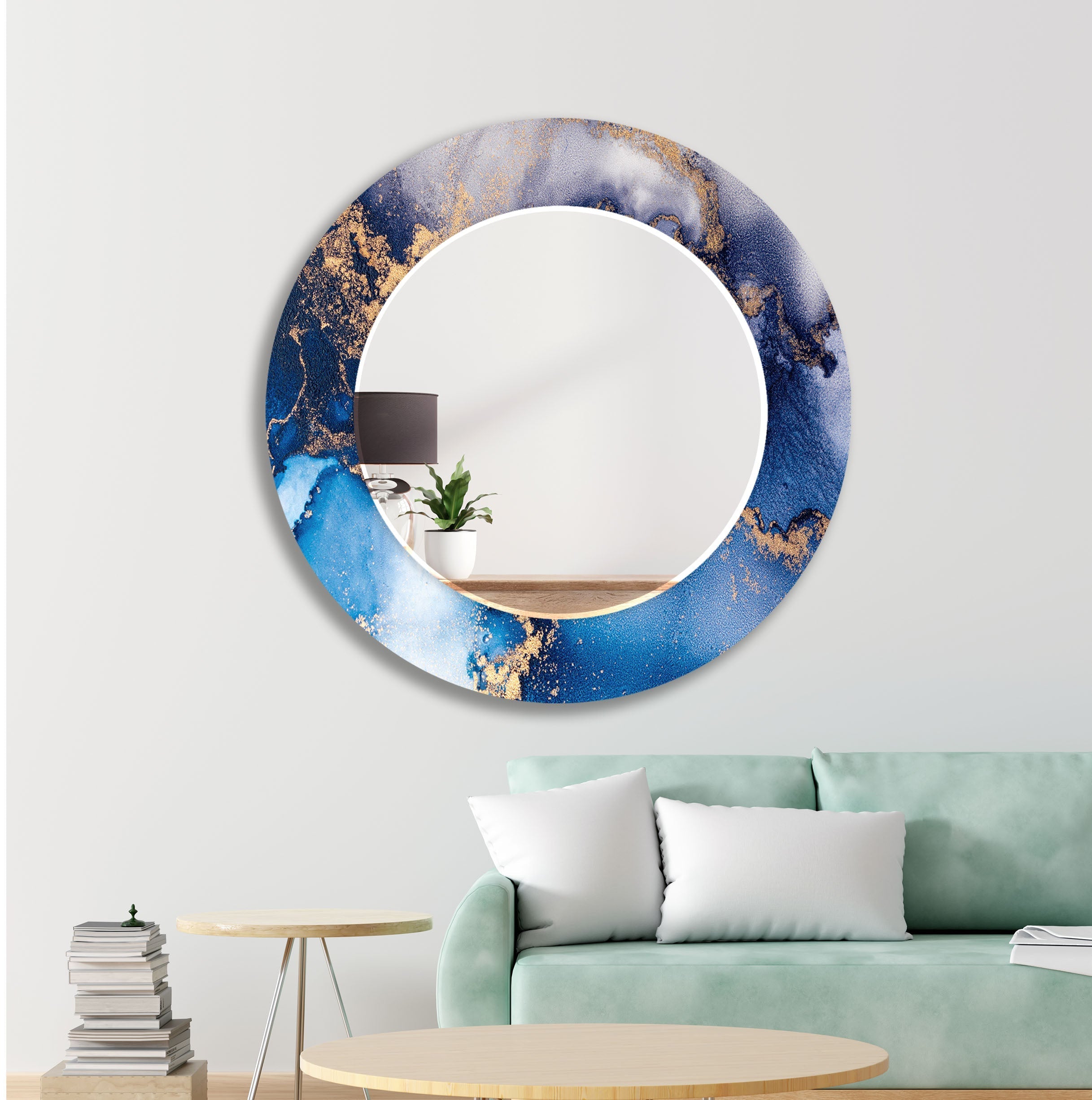 Stylish Blue Round Wall Mirror - Decorative Home Decor for Living Room, Bedroom & Bathroom - Perfect for Vanity, Entryway & Interior Design