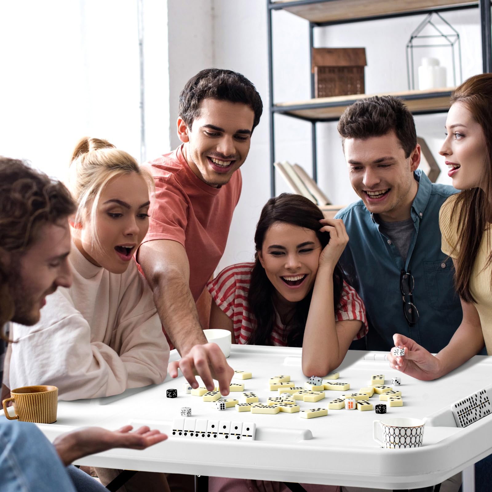 Foldable Plastic Domino Game Table with Cup Holders & Card Slots - Anti-Scratch Waterproof Portable Board Game Table for Mahjong, Poker, Cards & Dominoes (White) | Perfect for Family Game Nights, Parties & Outdoor Gatherings