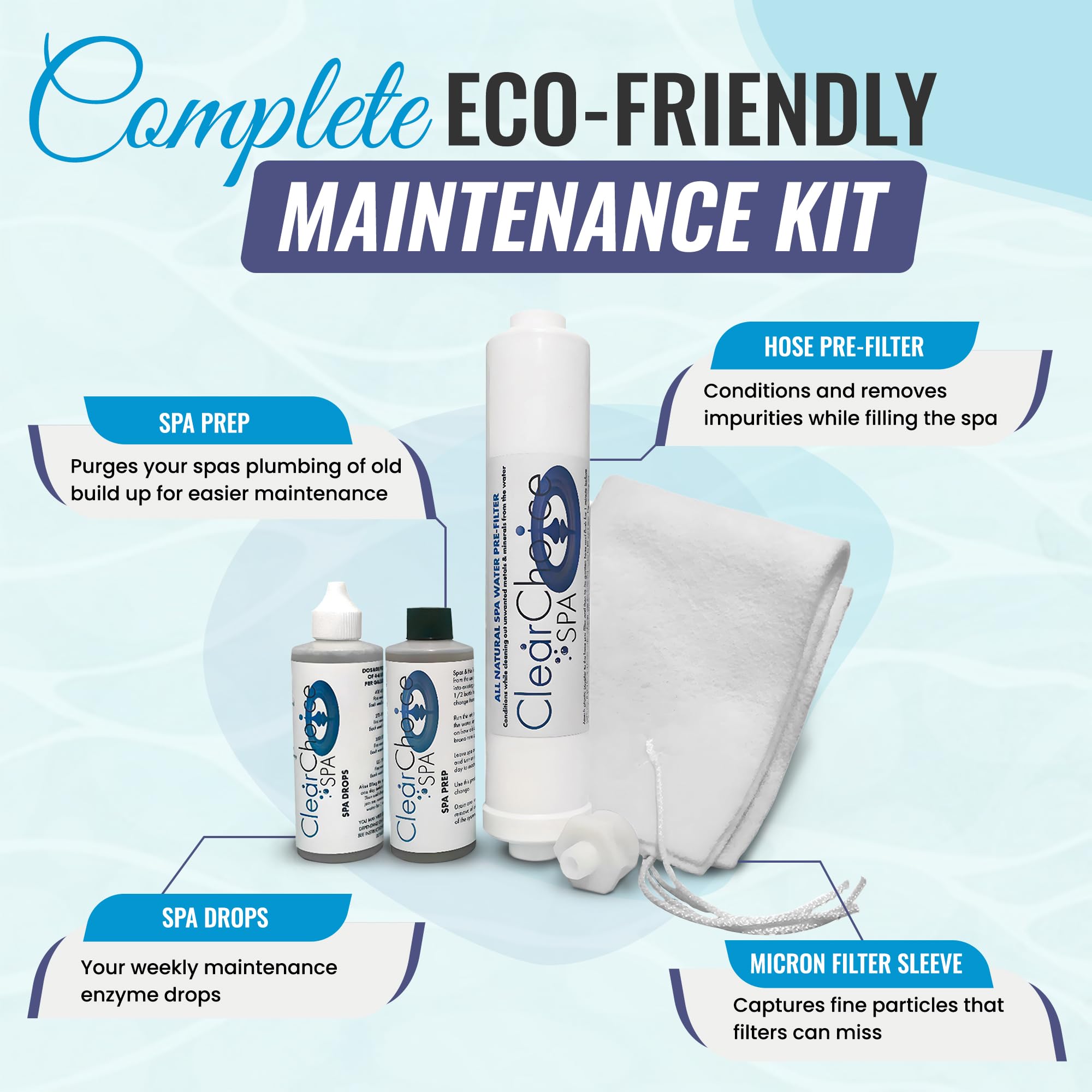 Clear Choice Spa Hot Tub Start Up Kit with Micron Sleeve – Includes Spa Drops, Spa Prep, Hose Pre-Filter & Micron Filter Sleeve | Natural Enzyme-Based, Non-Toxic, Hypoallergenic Hot Tub Chemicals | 1 Year Supply for Spa Maintenance & Water Care | Perfect for New Hot Tub Setup & Regular Maintenance