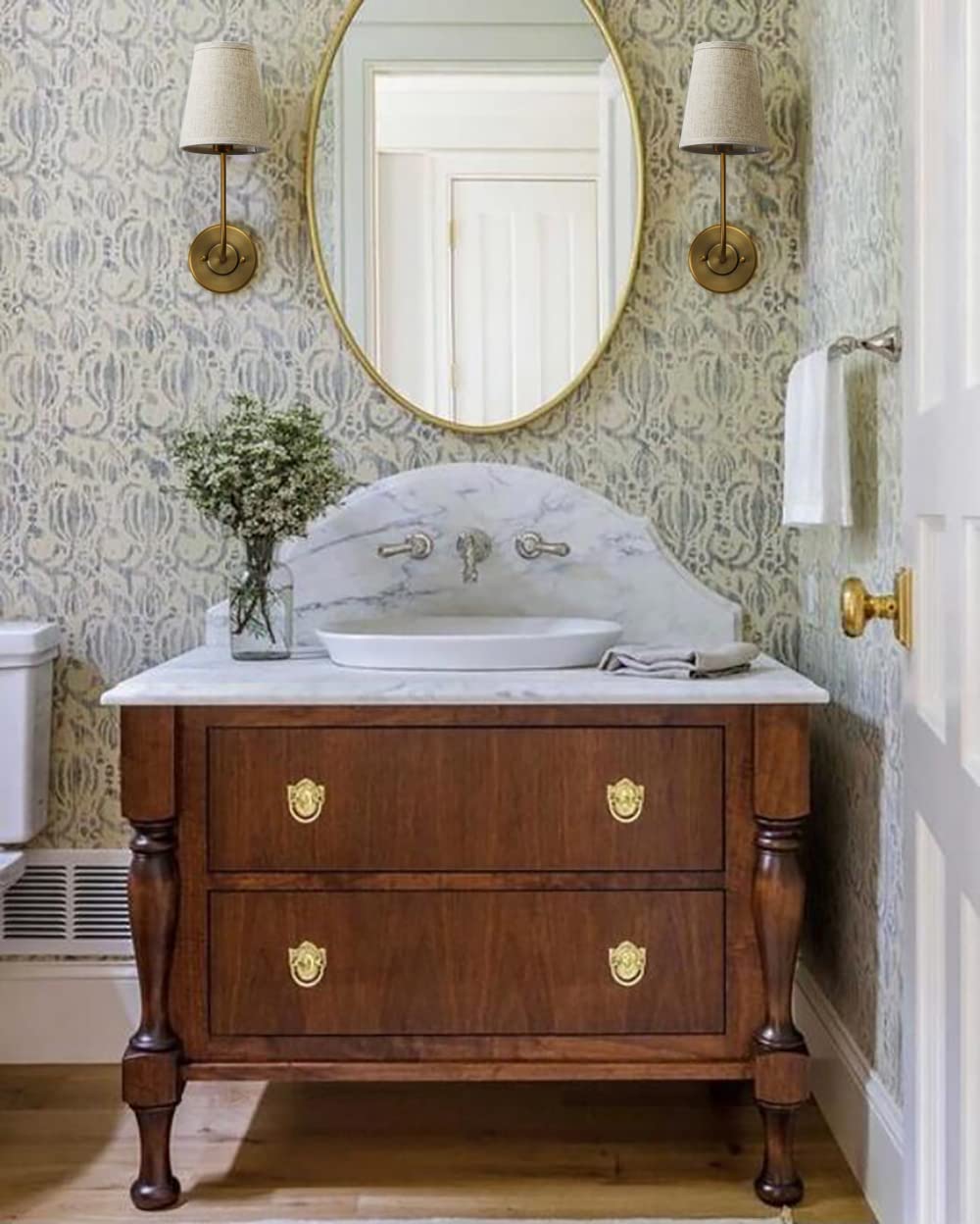 Vintage Brass Wall Sconces Set of 2 - Linen Shade Bathroom Vanity Lights for Bedroom & Living Room