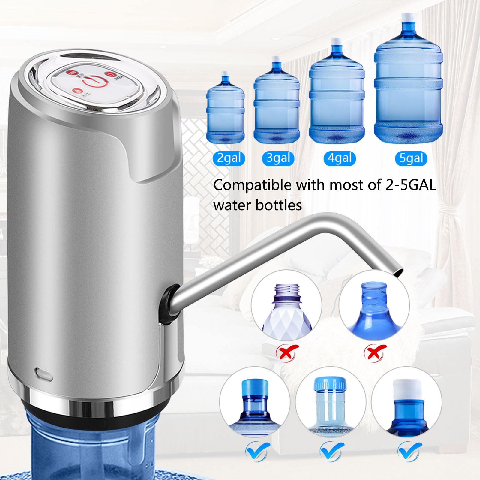 Electric Water Pump for 5 Gallon Bottle - Universal USB Charging Water Dispenser Pump for Home & Office (Silver) | Perfect for Hydration Stations, Camping, and Emergency Preparedness