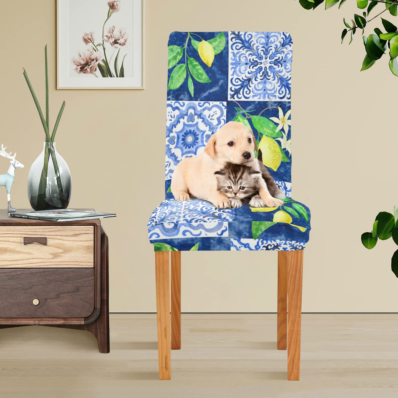 Blue Mosaic Dining Chair Covers Set of 4 - Washable & Removable Stretch Slipcovers for Dining Chairs - Perfect for Dining Room, Wedding Party, Ceremony & Hotel Decor - Ideal for Home, Restaurant & Event Decorations