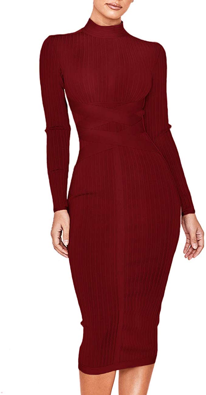 Women's Sexy Rayon Long Sleeve Bandage Bodycon Dress with Cross Strap & Ribbed Detail - Perfect for Club Party, Night Out, Date Night & Special Occasions