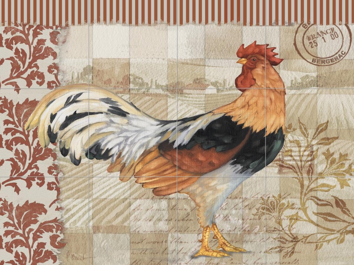 Bergerac Rooster VI Ceramic Backsplash Tile Mural - Hand-Painted Rooster & Hen Chicken Design for Kitchen & Bathroom - Perfect for Farmhouse, Country, or French Country Decor