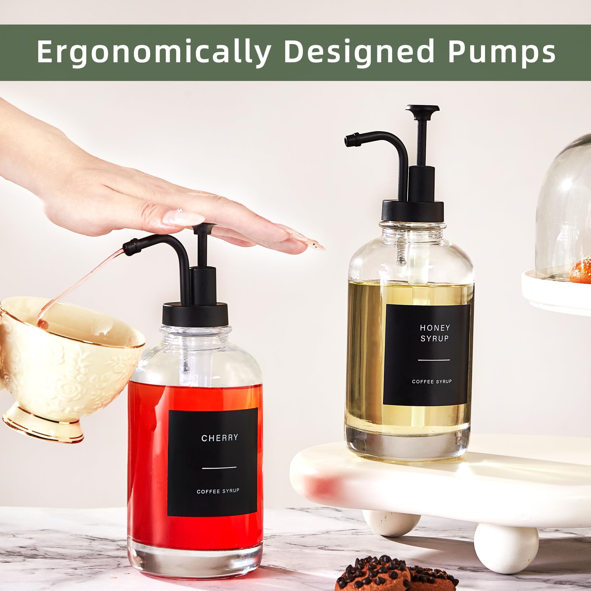 Premium Coffee Syrup Dispensers Set of 4 - 16.9 oz Glass Bottles with Matte Black Pumps & 36 Labels - Barista-Grade Syrup Pump Dispenser for Coffee Shops, Cafes & Home Use - Perfect for Latte Art, Iced Coffee & Specialty Drinks